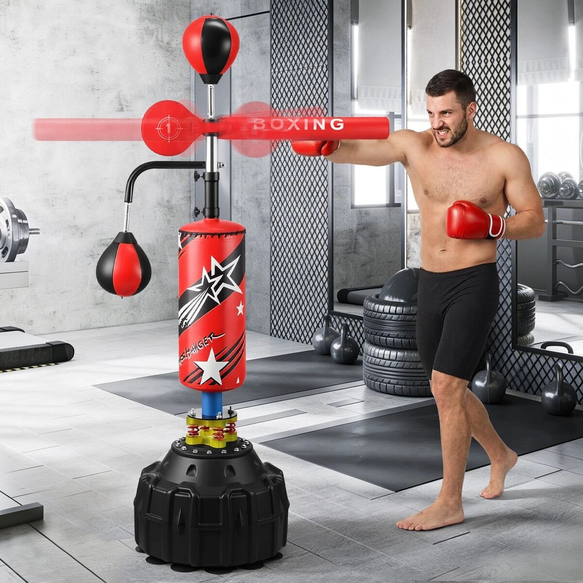 4 AUSWAY 4in1 Boxing Station Freestanding Bag Punching Gloves Reflex, 4 of 7