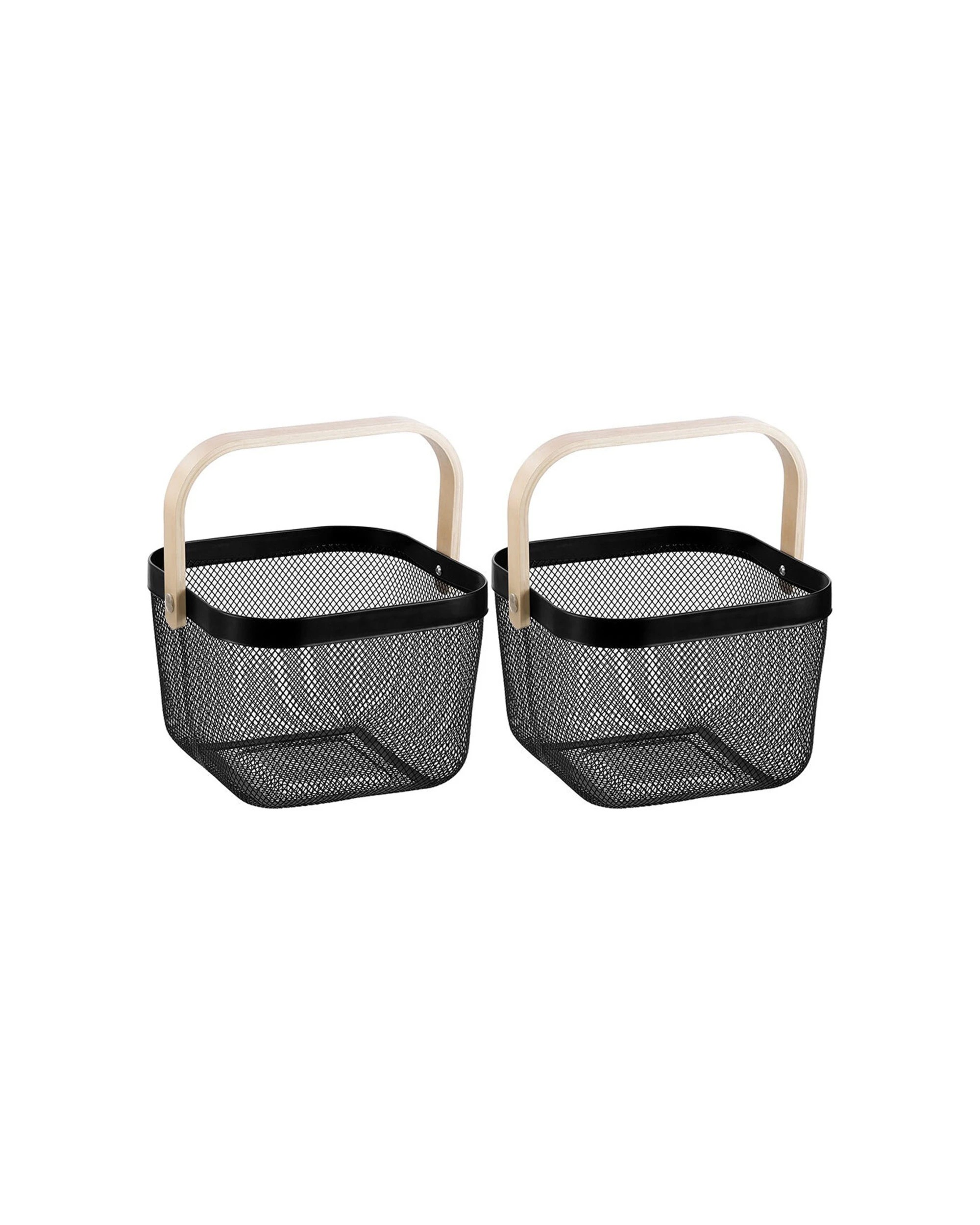1 Boxsweden 2PK Mesh Storage Basket Birch Wood Handle Durable Mesh Wire 25X25X17cm - Black, 1 of 4