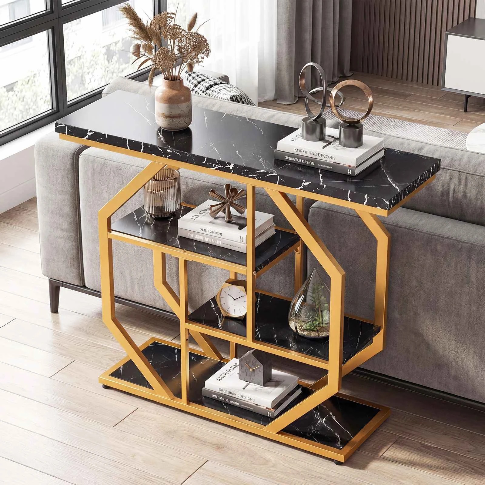 3 Costway 4-Tier Console Table Modern Entryway Table Faux Marble Sofa Table, 3 of 5