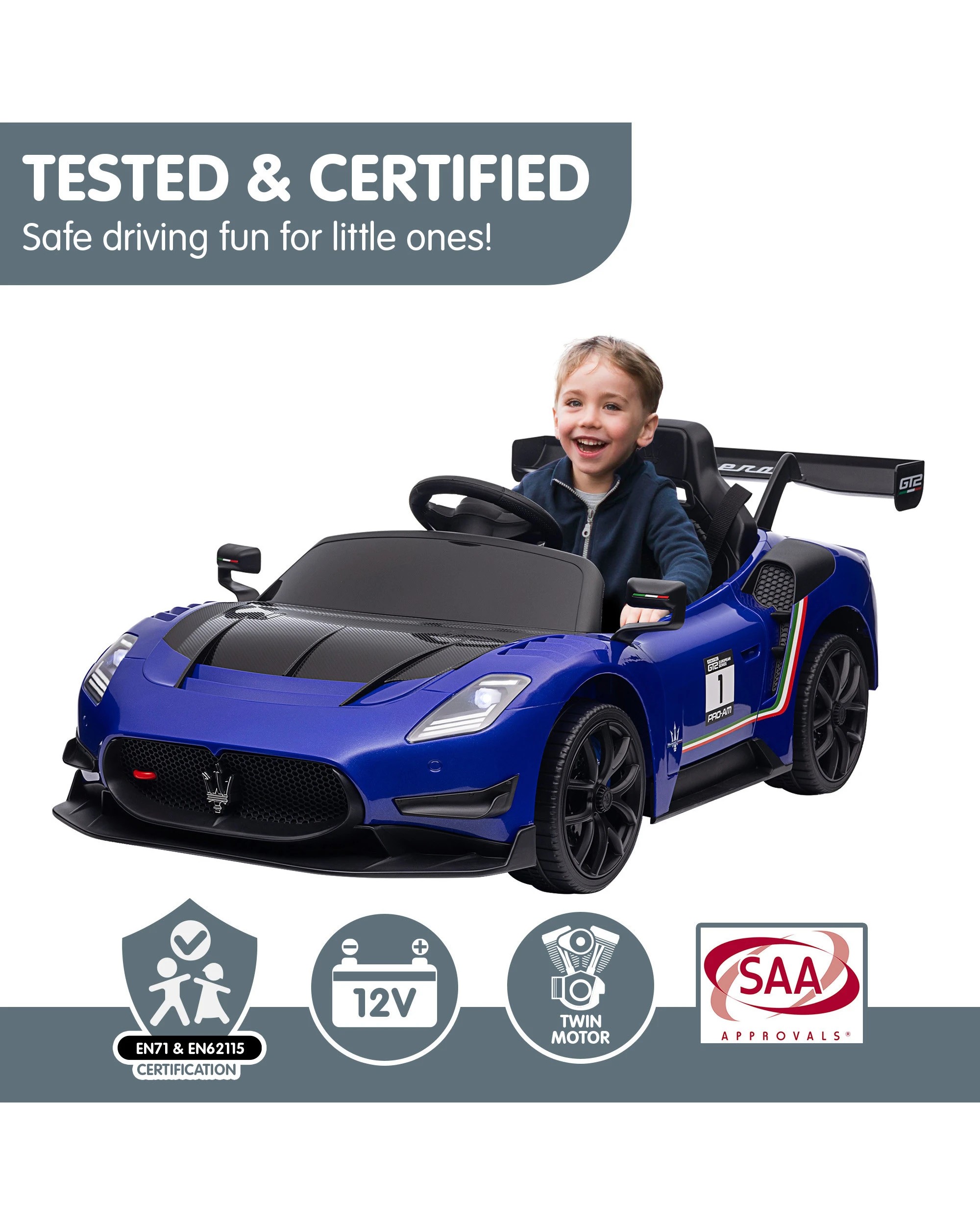 8 Kahuna Maserati MC20 GT2 Licensed Electric Kids Ride On Race Car Blue, 8 of 10