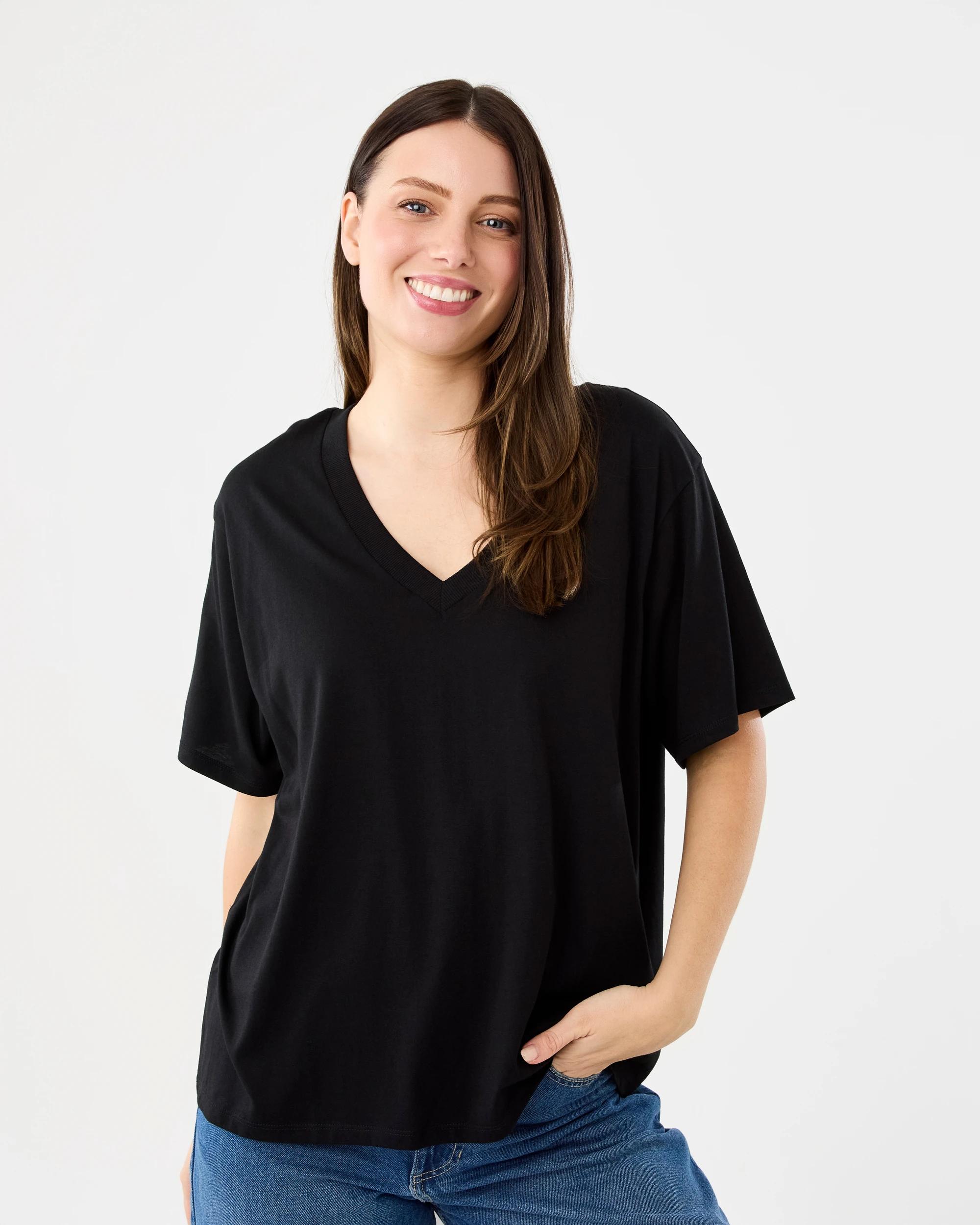 1 Short Sleeve Cotton Modal V-Neck T-shirt Black, 1 of 5