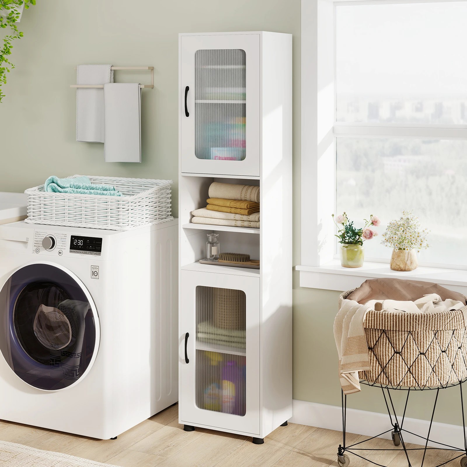 3 Costway 1.7M Bathroom Storage Cabinet Slim Sideboard w/2 Fluted Doors - White, 3 of 8