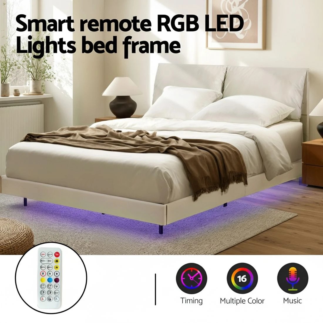 4 Artiss Queen Bed Frame RGB LED Floating Beds Adjustable Headboard - White, 4 of 9