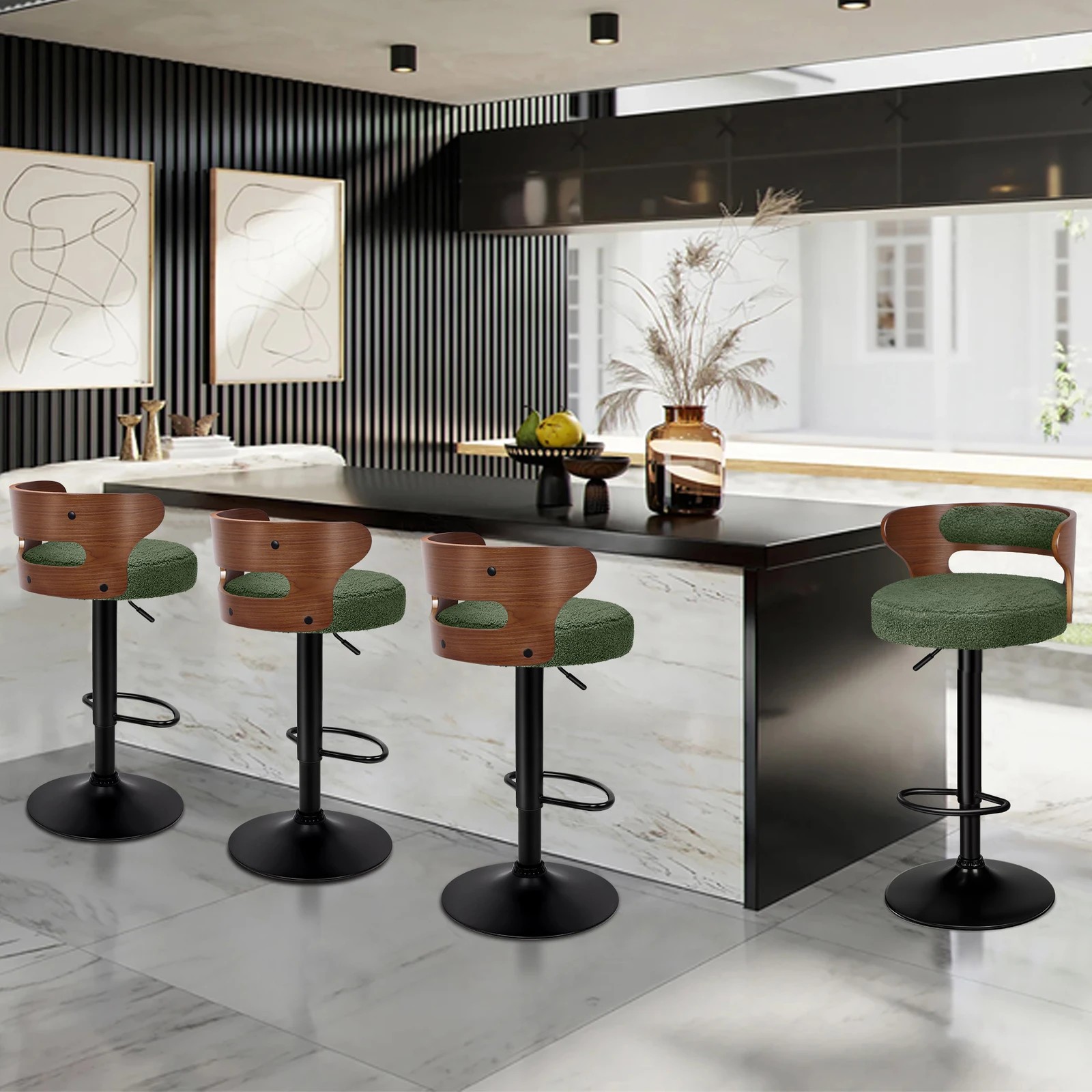 9 Alfordson 4x Bar Stool Kitchen Swivel Chair Wooden Boucle Ramiro - Green, 9 of 10