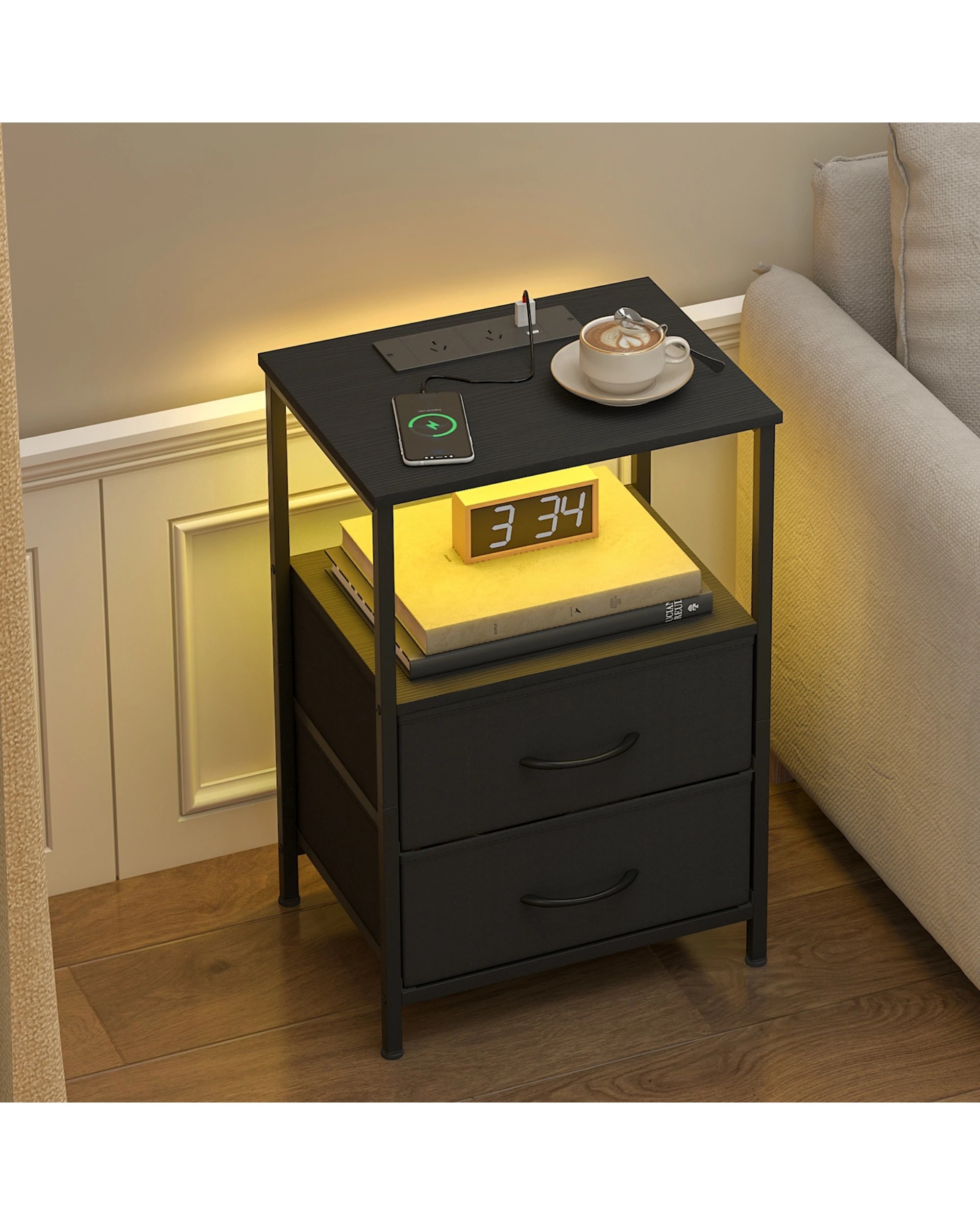 4 Advwin Led Bedside Table Set of 2 with Charging Station 2 Fabric Drawers - Black, 4 of 5