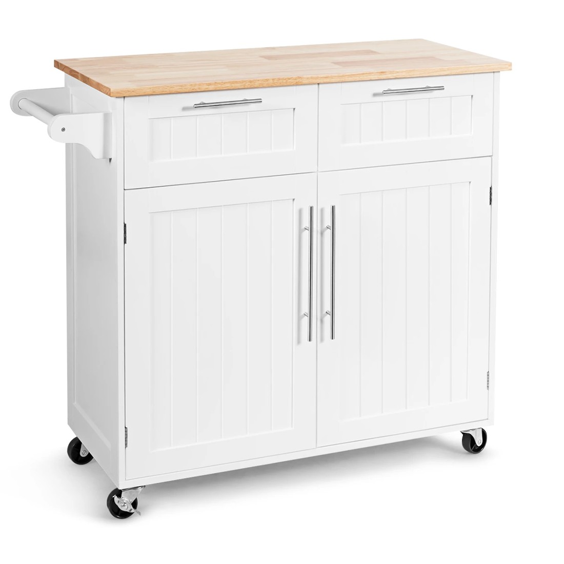 1 Costway Kitchen Island Trolley Rubber Wood Top White, 1 of 5