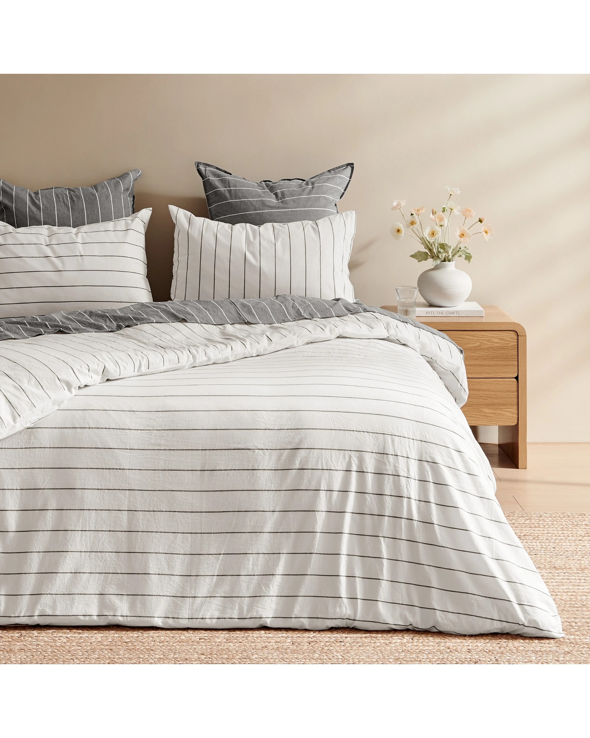 2 Dreamaker Rumi Stripe Washed Cotton Reversible Quilt Cover Set - Double Bed - White with Graphite, 2 of 6