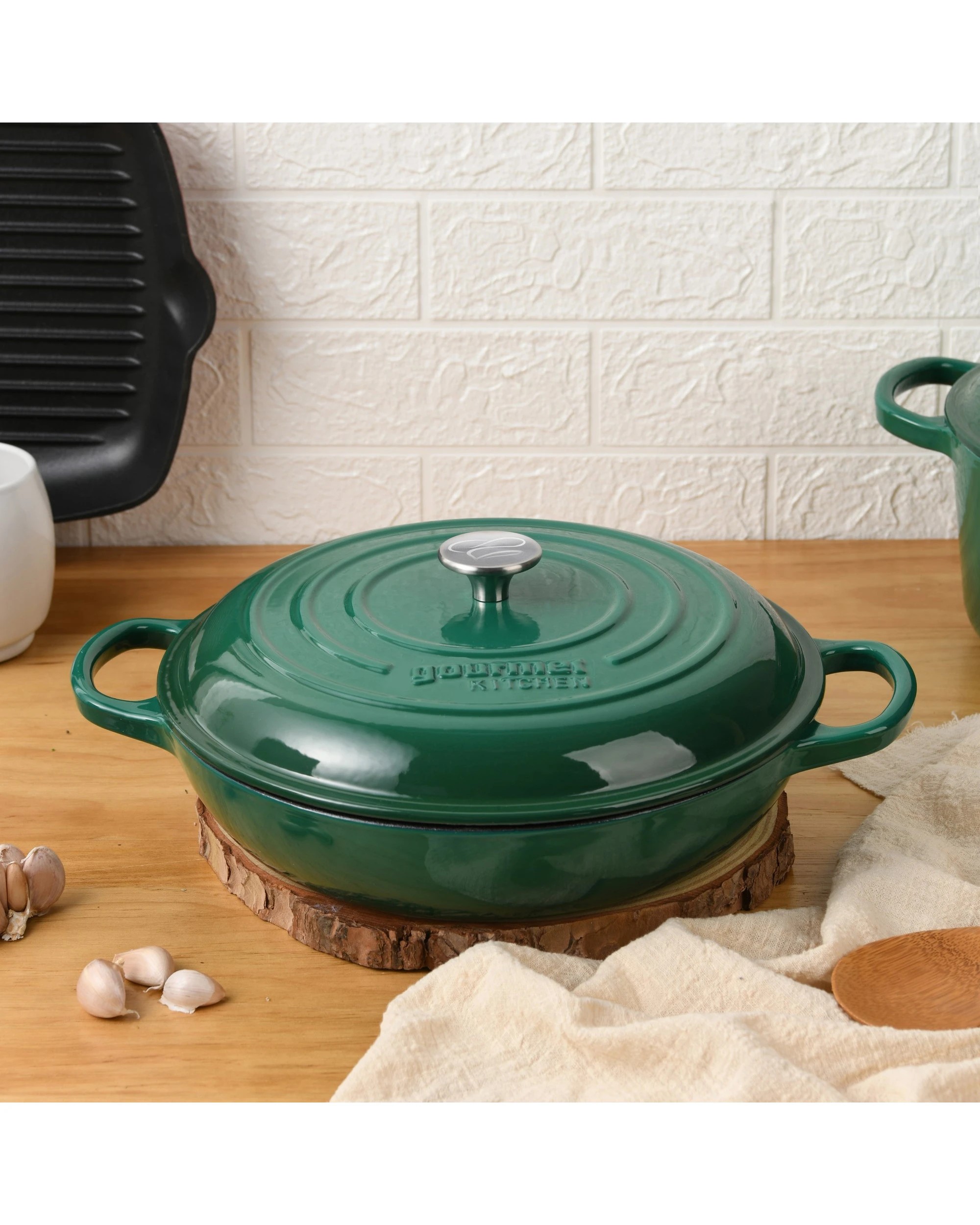 7 Gourmet Kitchen Enamelled Cast Iron Shallow Casserole 30cm - Eden Green, 7 of 8