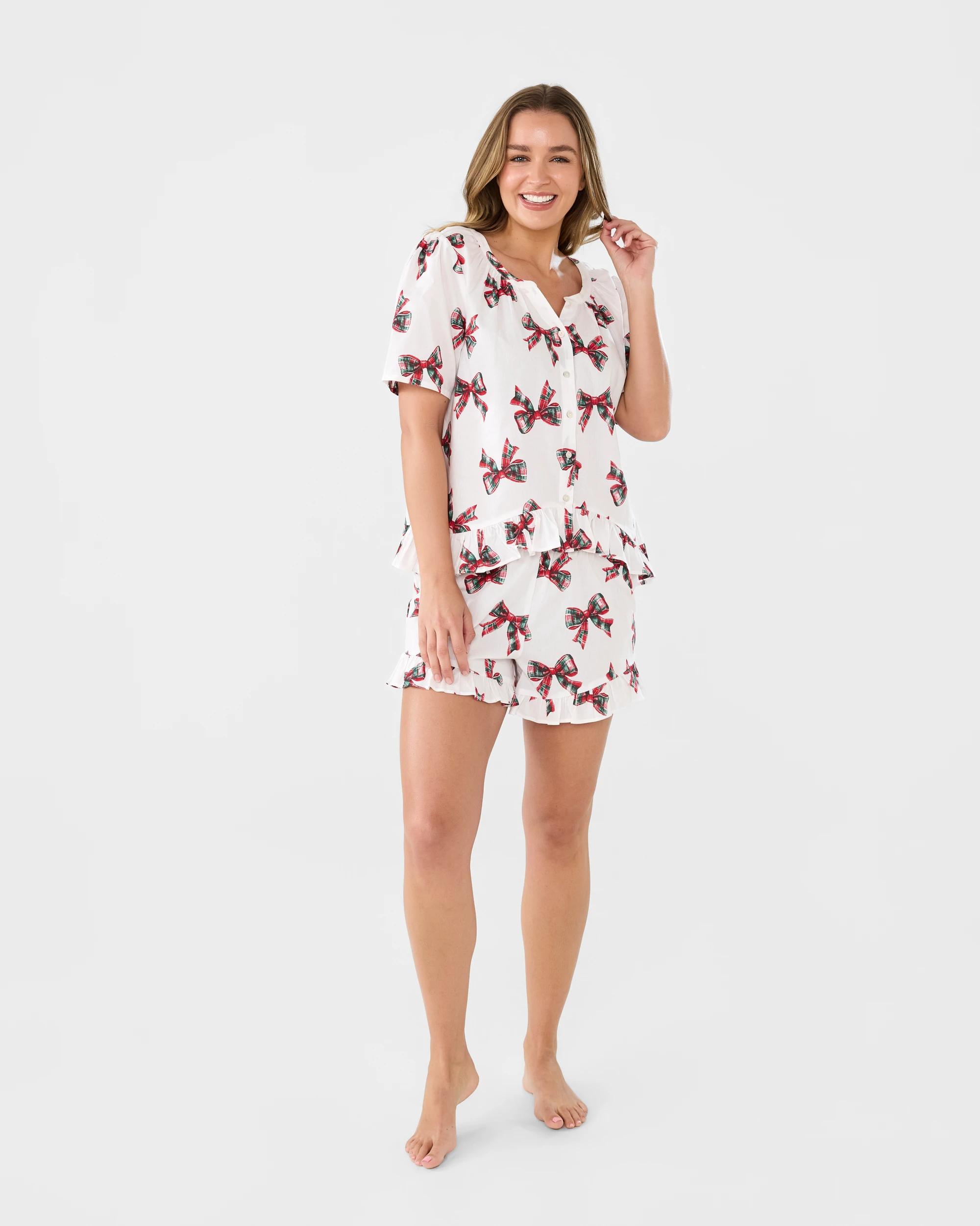 7 Short Sleeve Ruffle Woven Top & Shorts Pyjama Set Xmas Bows, 7 of 10