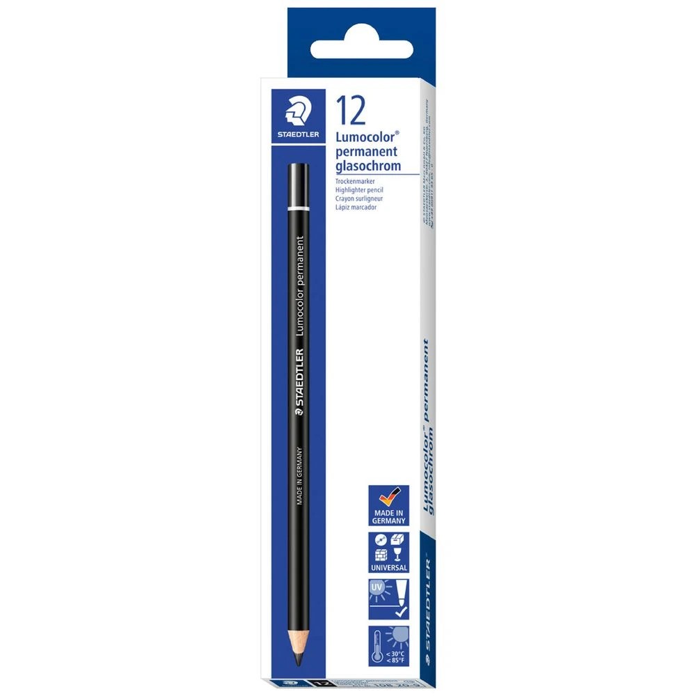 1 Staedtler Lumocolor Glasochrom Permanent Pencil Black 12 Pack, 1 of 4