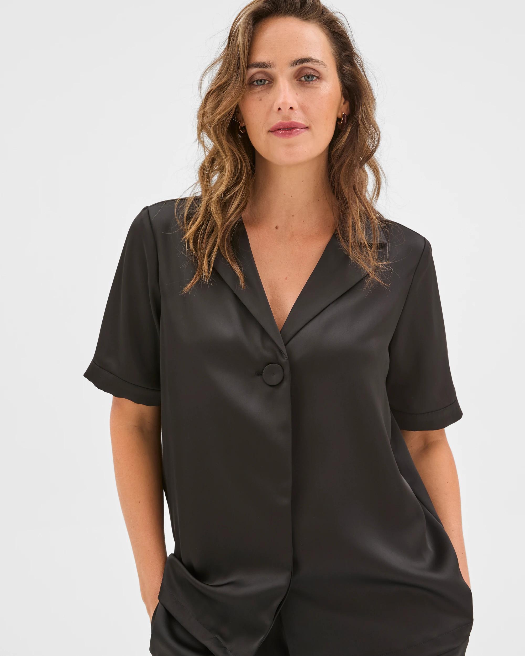3 Preview Short Sleeve Satin Shirt BLACK, 3 of 6