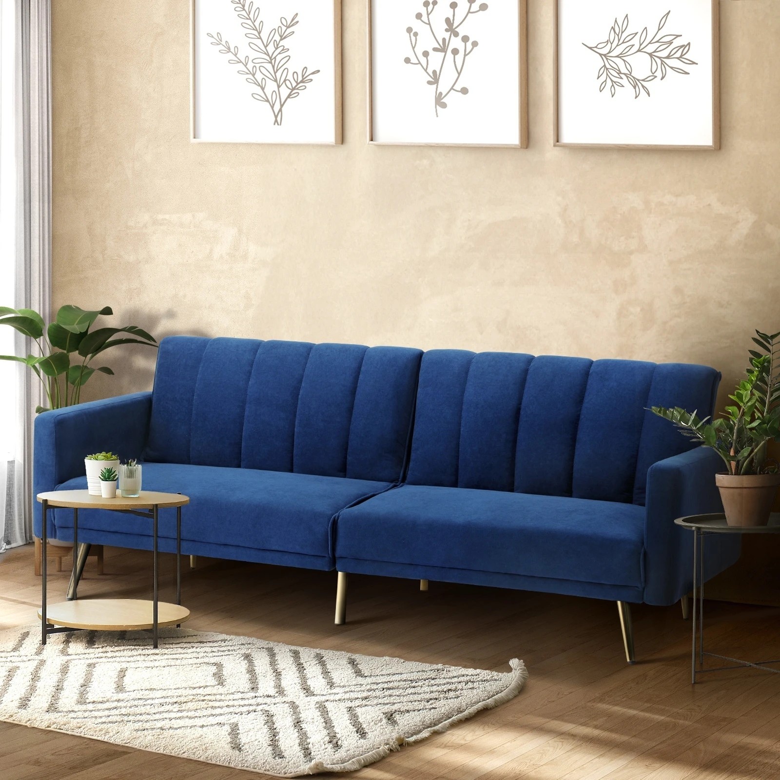2 Oikiture Sofa Bed 3-seater Recliner Convertible Lounge Couch Sofabed Velvet
 - Blue, 2 of 10