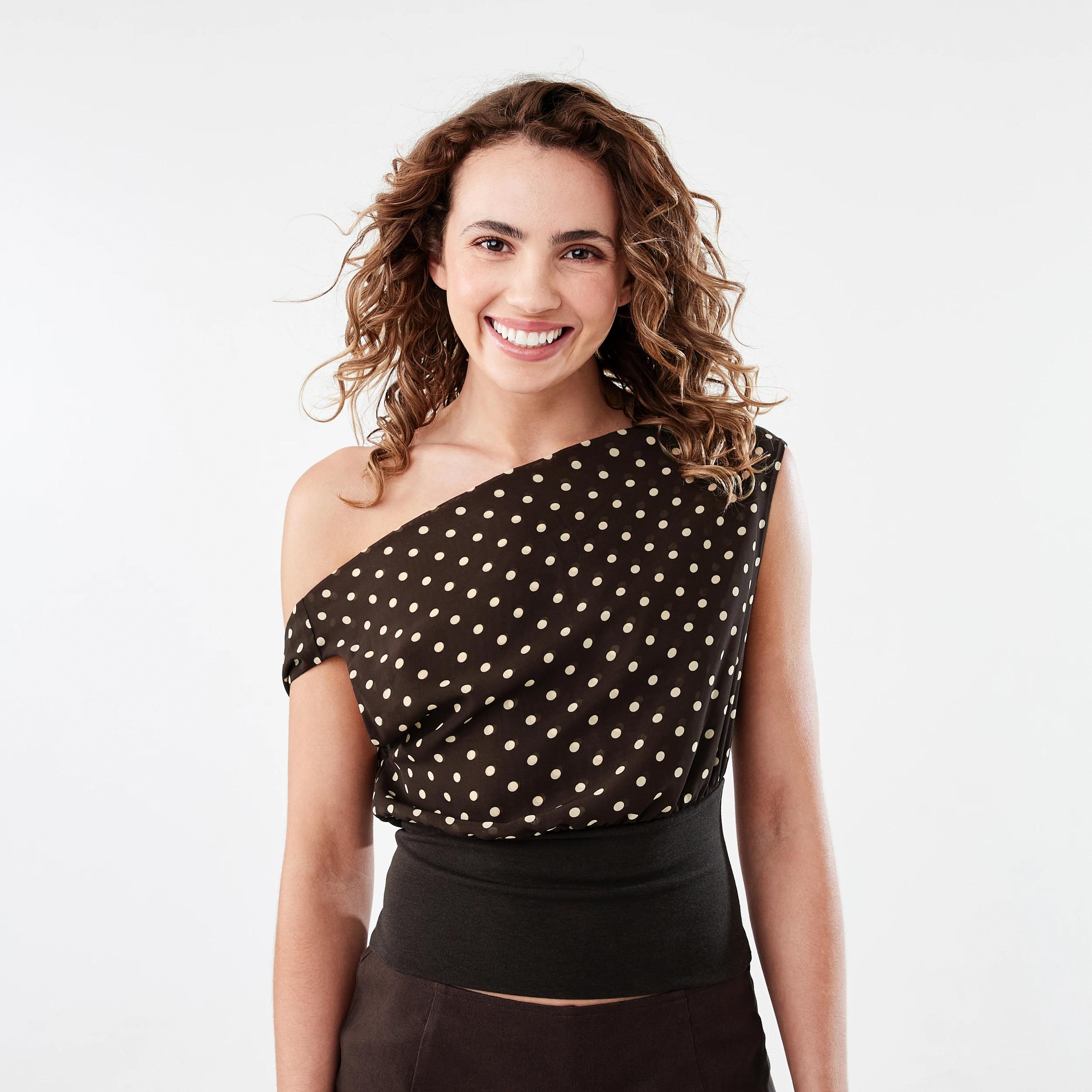 1 Off Shoulder Woven Top Brown Dot, 1 of 8