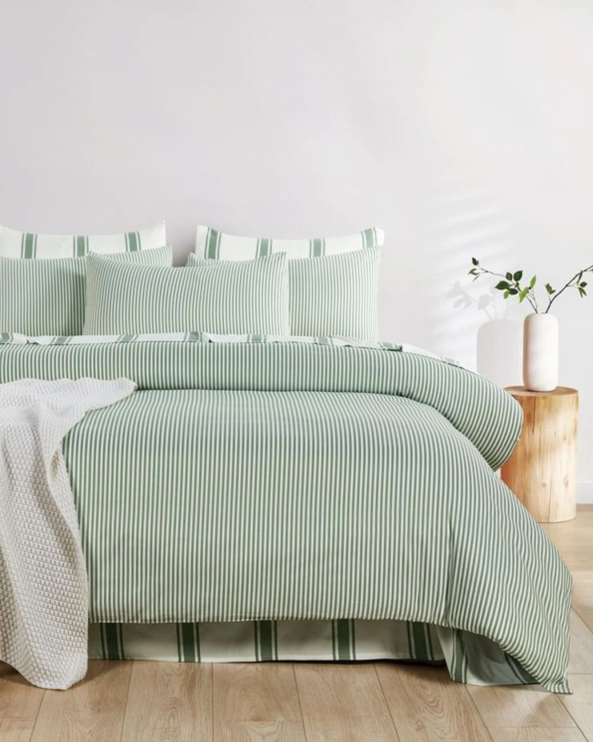 1 CleverPolly Yarn-Dyed Washed Microfibre Quilt Cover Set - Queen Bed - Thin Stripe Sage Green, 1 of 6