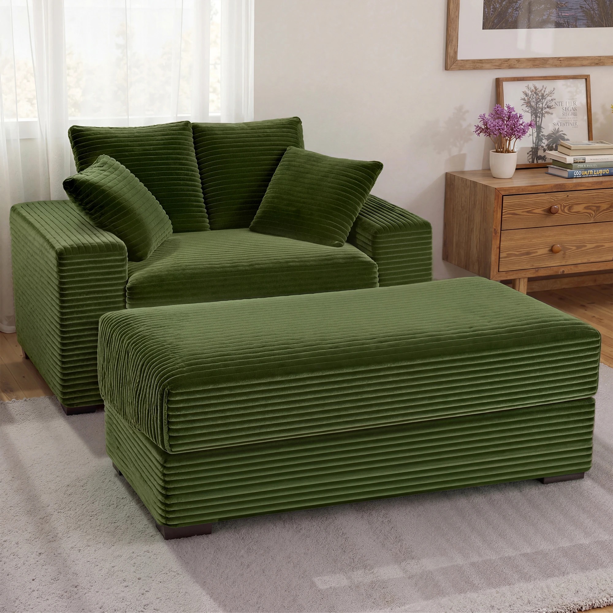 5 Advwin 146cm Chaise Lounge Chair with Storage Ottoman Fluffy Upholstered Sofa Bed - Green, 5 of 10