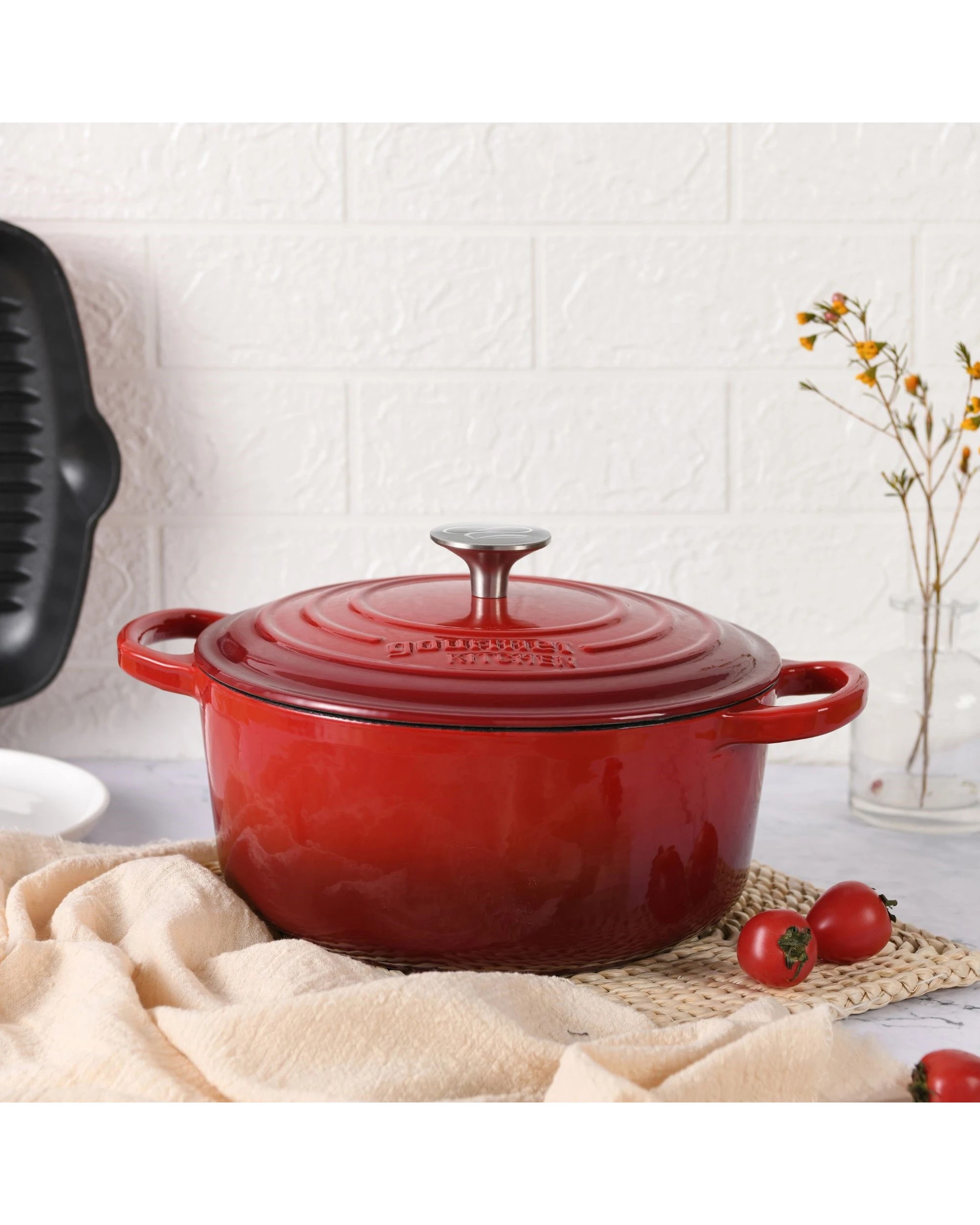 8 Gourmet Kitchen Enamelled Cast Iron Casserole 28cm - Black Cherry Red, 8 of 9