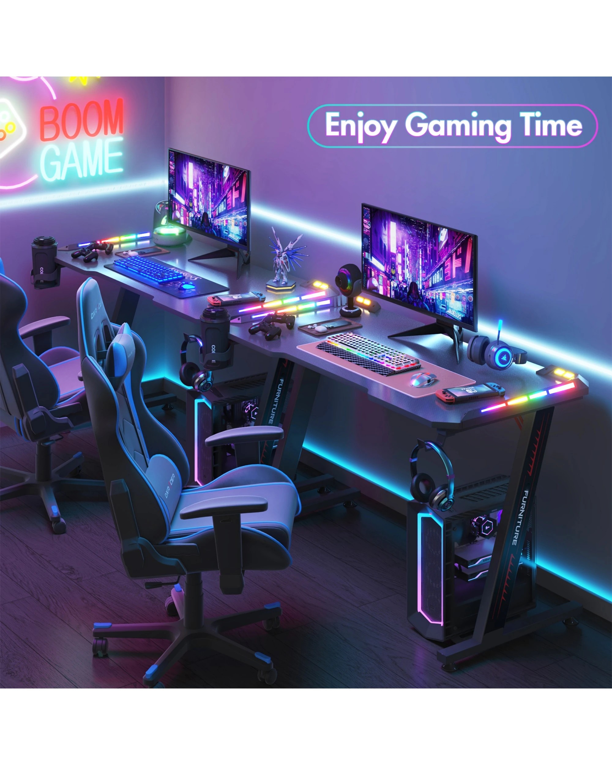 4 Advwin 120cm Black Gaming Desk Rgb Led Light Computer Desk, 4 of 7