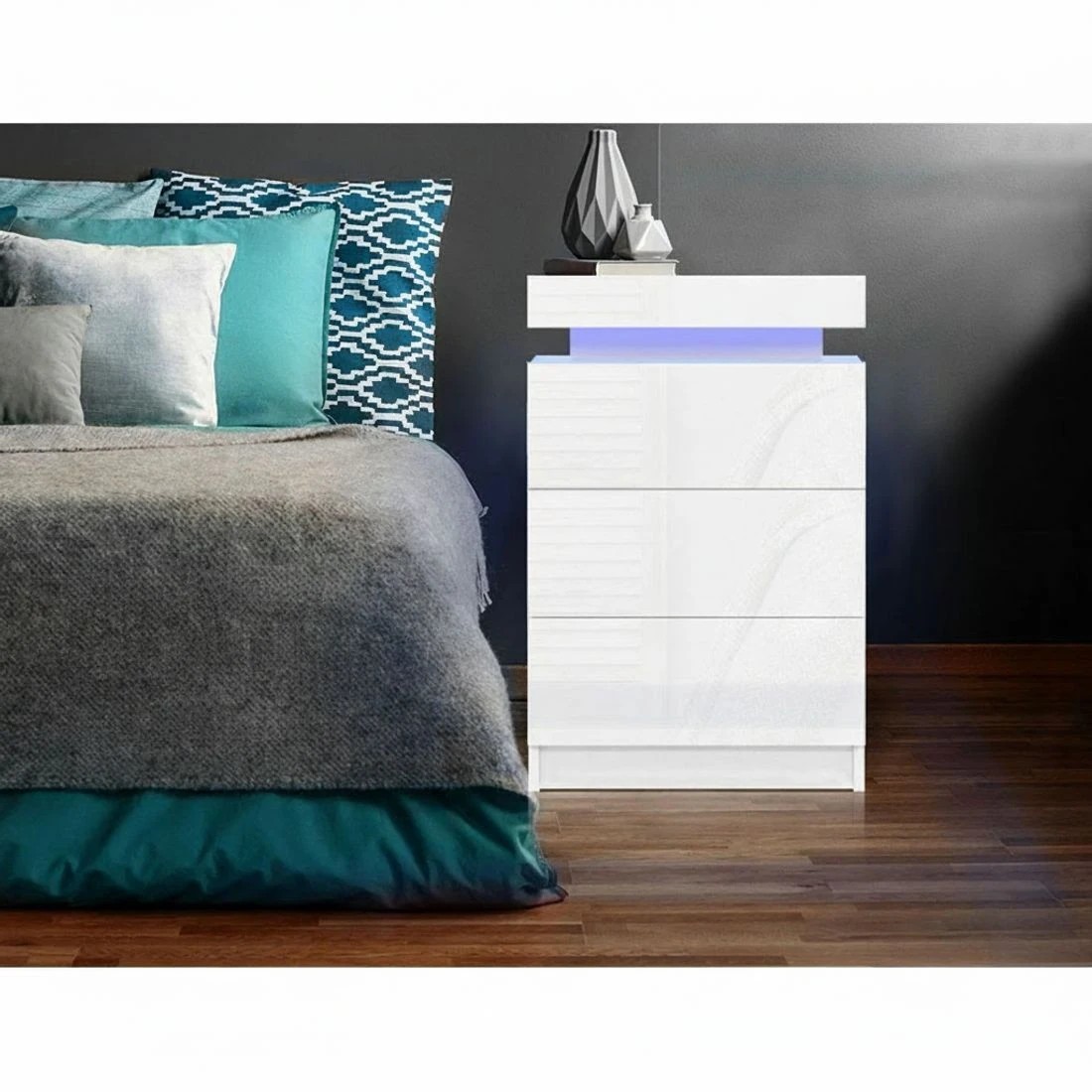 6 Artiss 2X Bedside Table LED 3 Drawers - White, 6 of 8