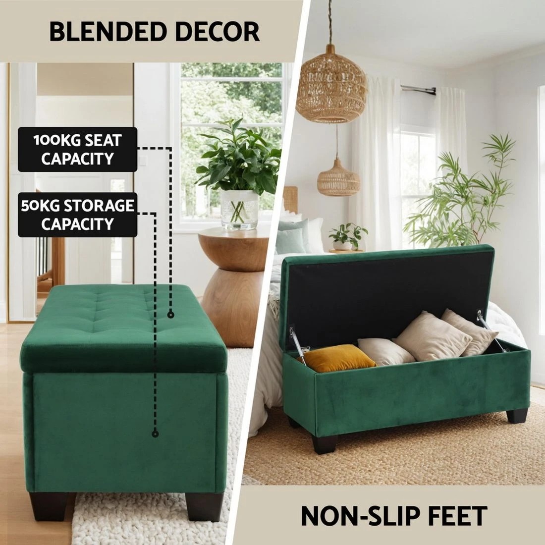 4 Artiss Storage Ottoman 97cm Blanket Box Velvet Green - Green, 4 of 6