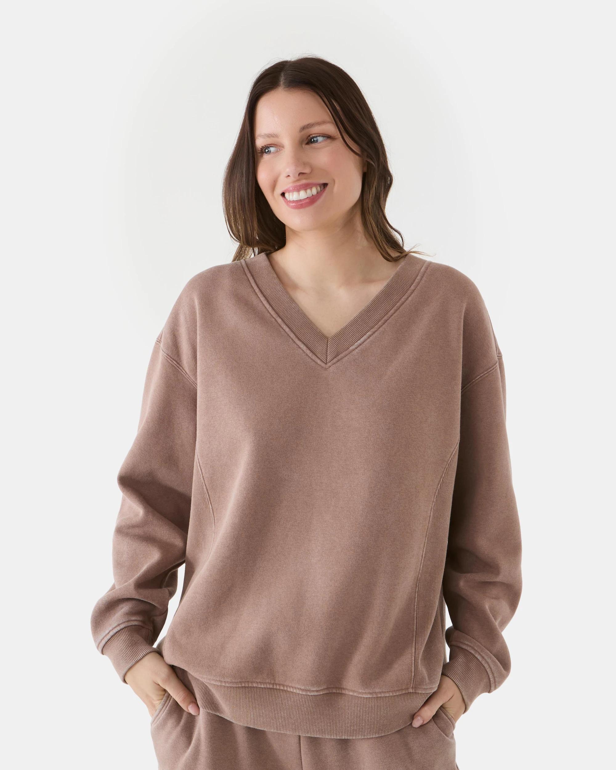 4 Washed V-Neck Ribbed Sweatshirt Snp Brn, 4 of 7