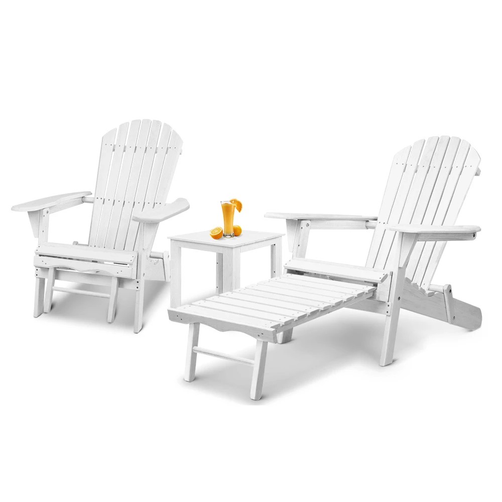 1 Gardeon 3PC Adirondack Outdoor Table and Chairs Wooden Sun Lounge Beach Patio - White, 1 of 6
