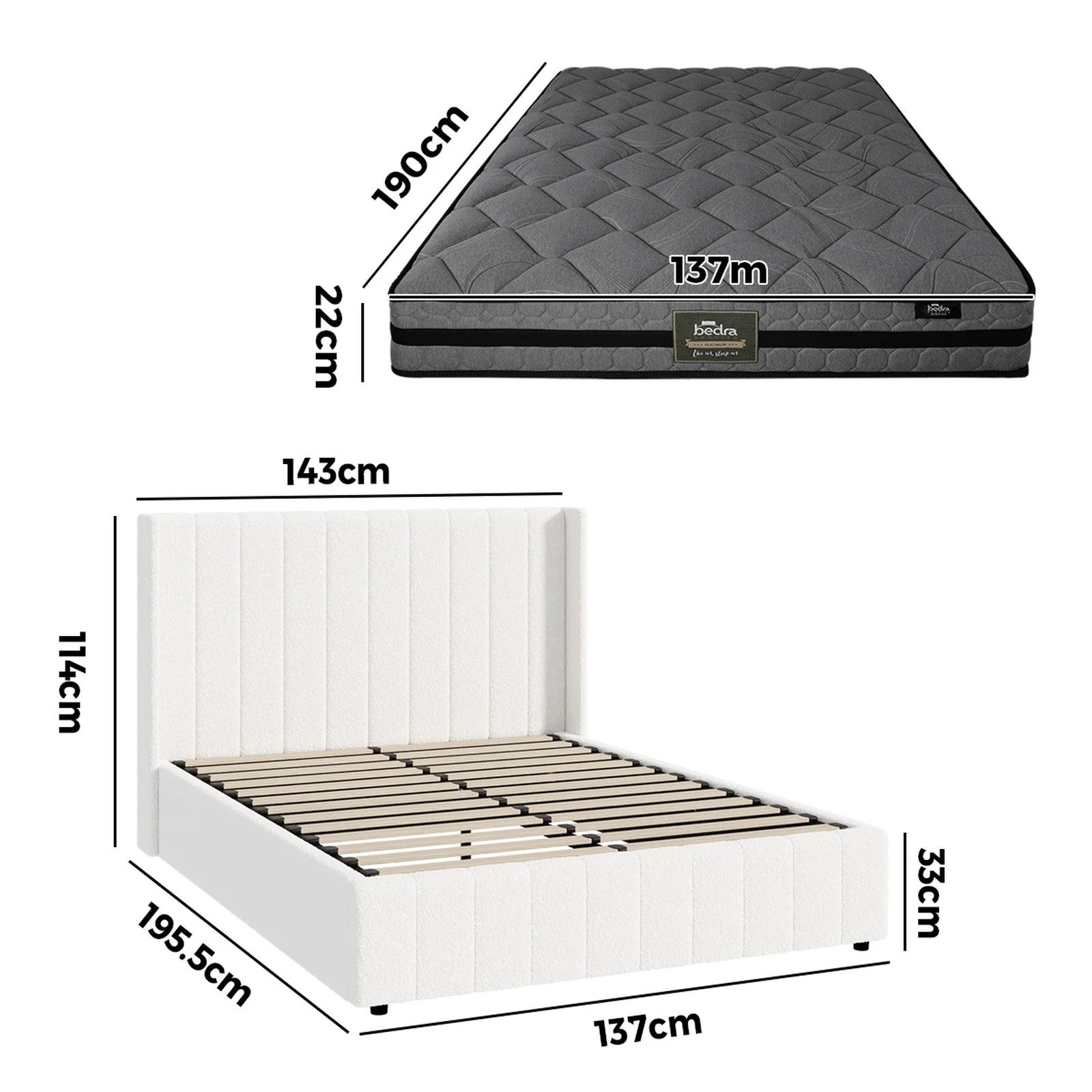 2 Oikiture Bed Frame Double Size Gas Lift Storage Boucle Beds W/ Mattress Set BILY - White, 2 of 8