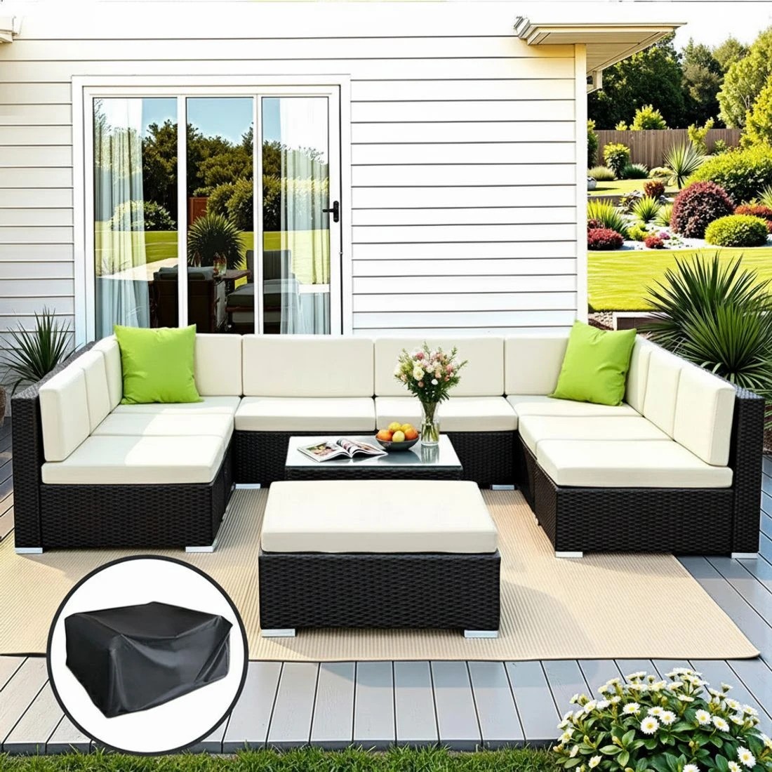 5 Gardeon 10-Piece Outdoor Sofa Set Wicker Couch Lounge Setting Cover - Black, 5 of 5