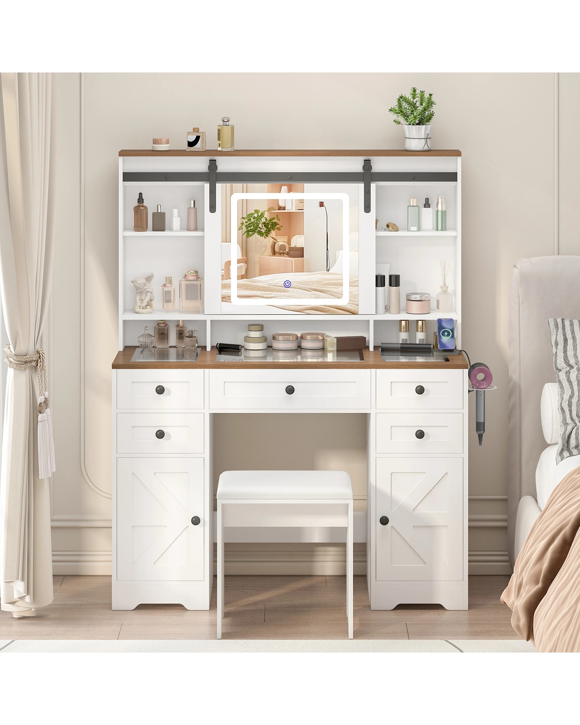 2 Advwin Farmhouse Makeup Vanity Desk with LED Mirror Glass Tabletop & Charging Station - White, 2 of 9