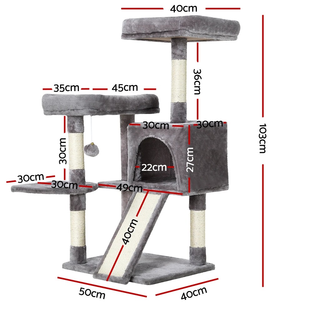 2 i.Pet Cat Tree 103cm Tower Scratching Post Scratcher  Condo House Trees - Grey, 2 of 5