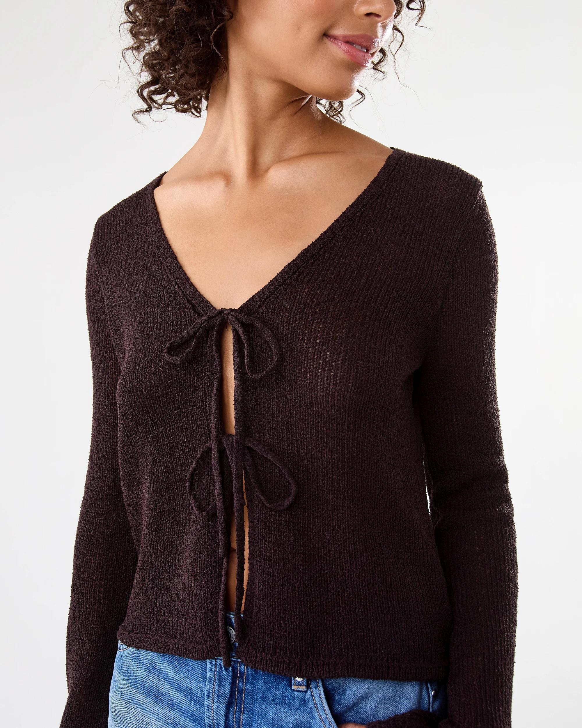 6 Long Sleeve Open Tie Knit Cardigan Choc Plum, 6 of 7