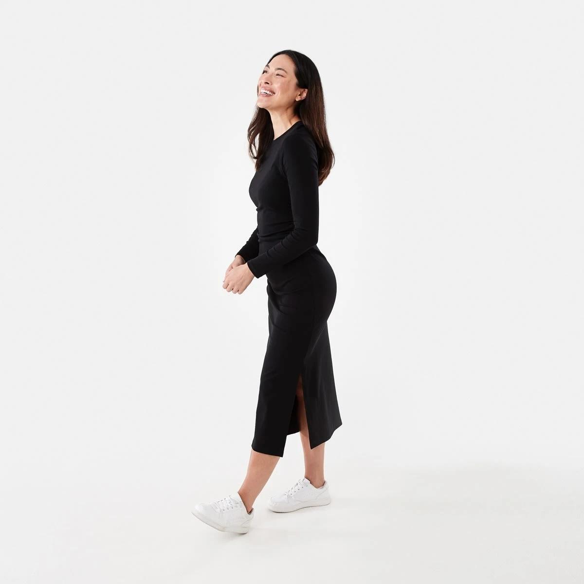 2 Long Sleeve Ruched Midi Dress Black, 2 of 6