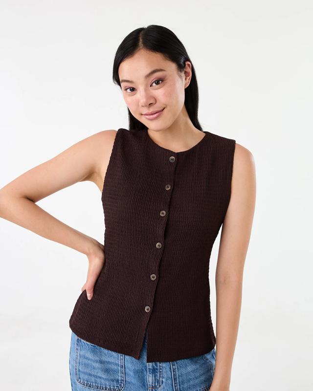 Sleeveless Textured Button Through