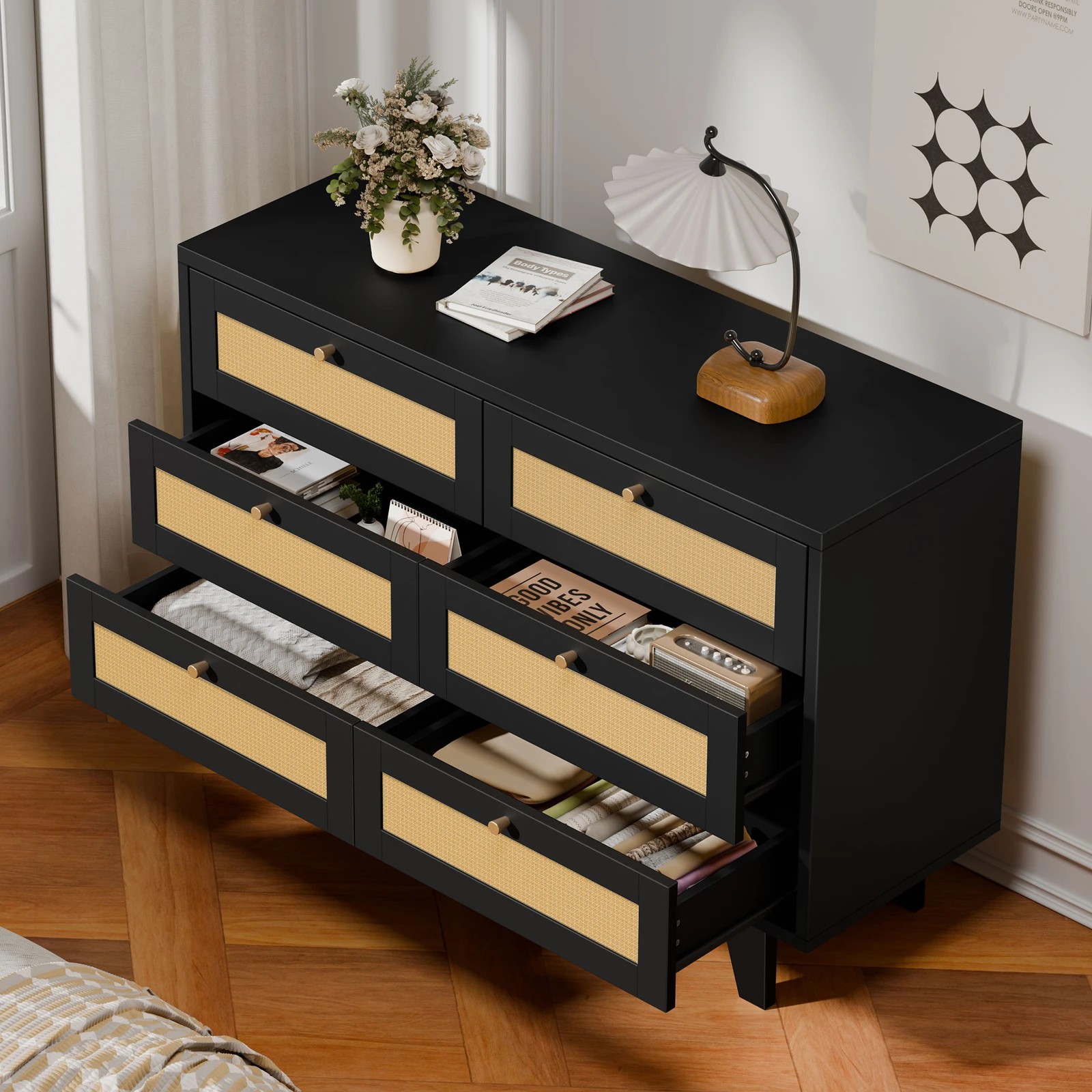 2 Alfordson 6 Chest of Drawers Rattan Storage Cabinet Dresser - Black, 2 of 10