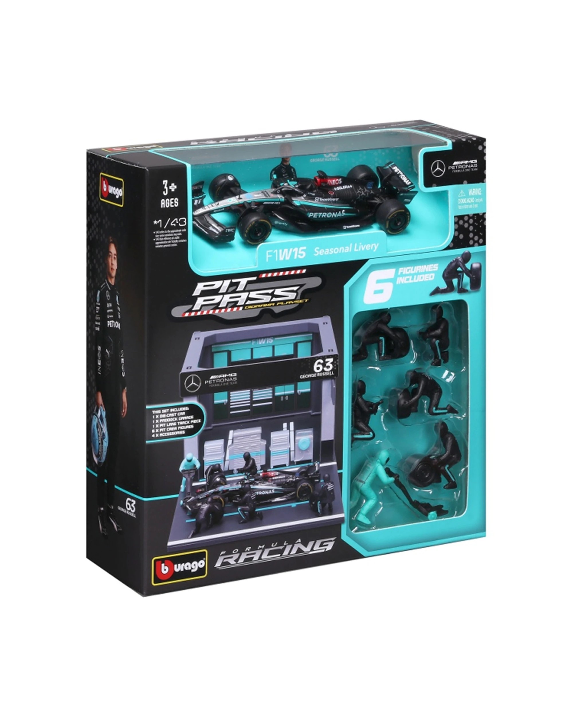 1 Bburago Mercedes AMG Pit Pass Competition F1 Car 2024 Russell 63 Model - Silver, 1 of 4