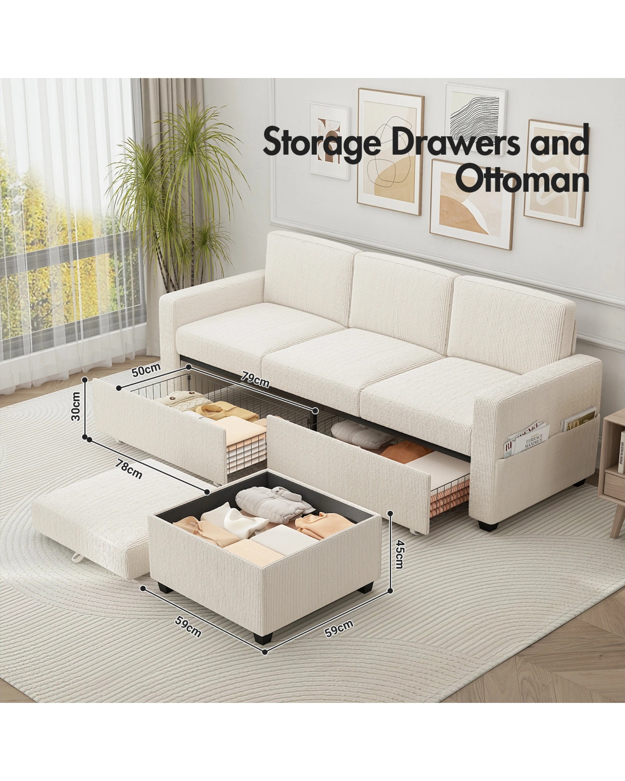 6 Advwin 3 Seater Sofa 197cm Corduroy Modular Corner Couch W/ Storage Ottoman & Drawers Lounge Chaise, 6 of 9