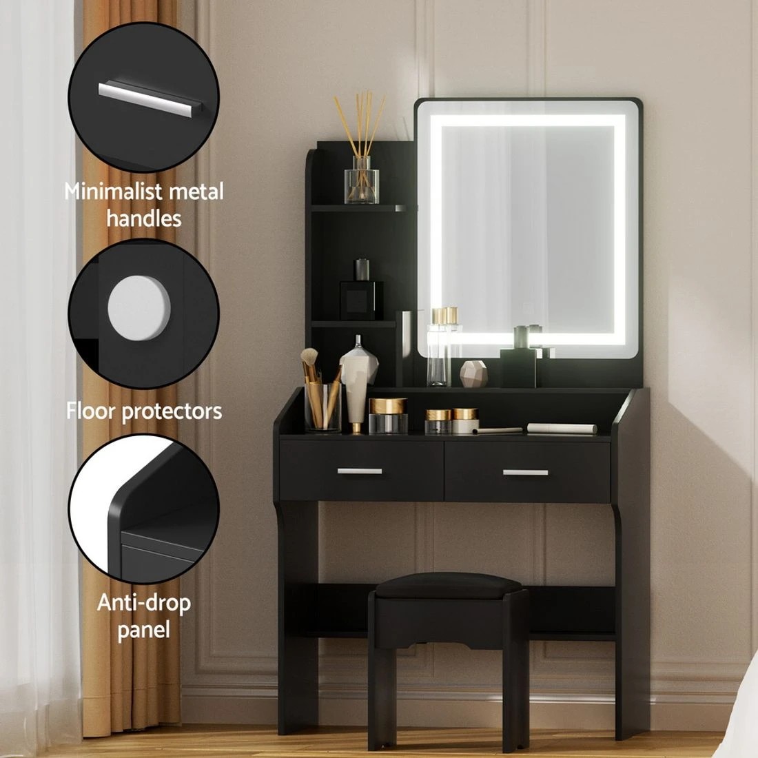 8 Artiss Dressing Table Set Stool Led - Black, 8 of 8