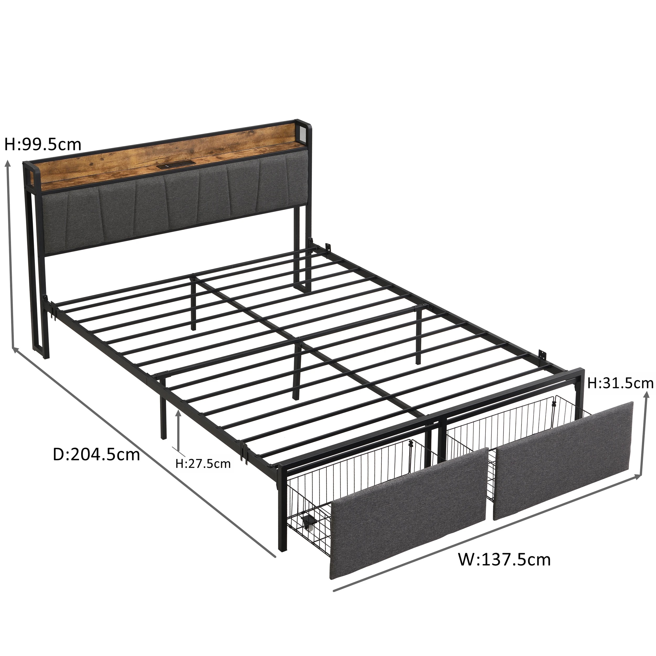 10 IHOMDEC BED04 Double Bed Frame Charging Station 2 Drawers - Grey - Grey, 10 of 10