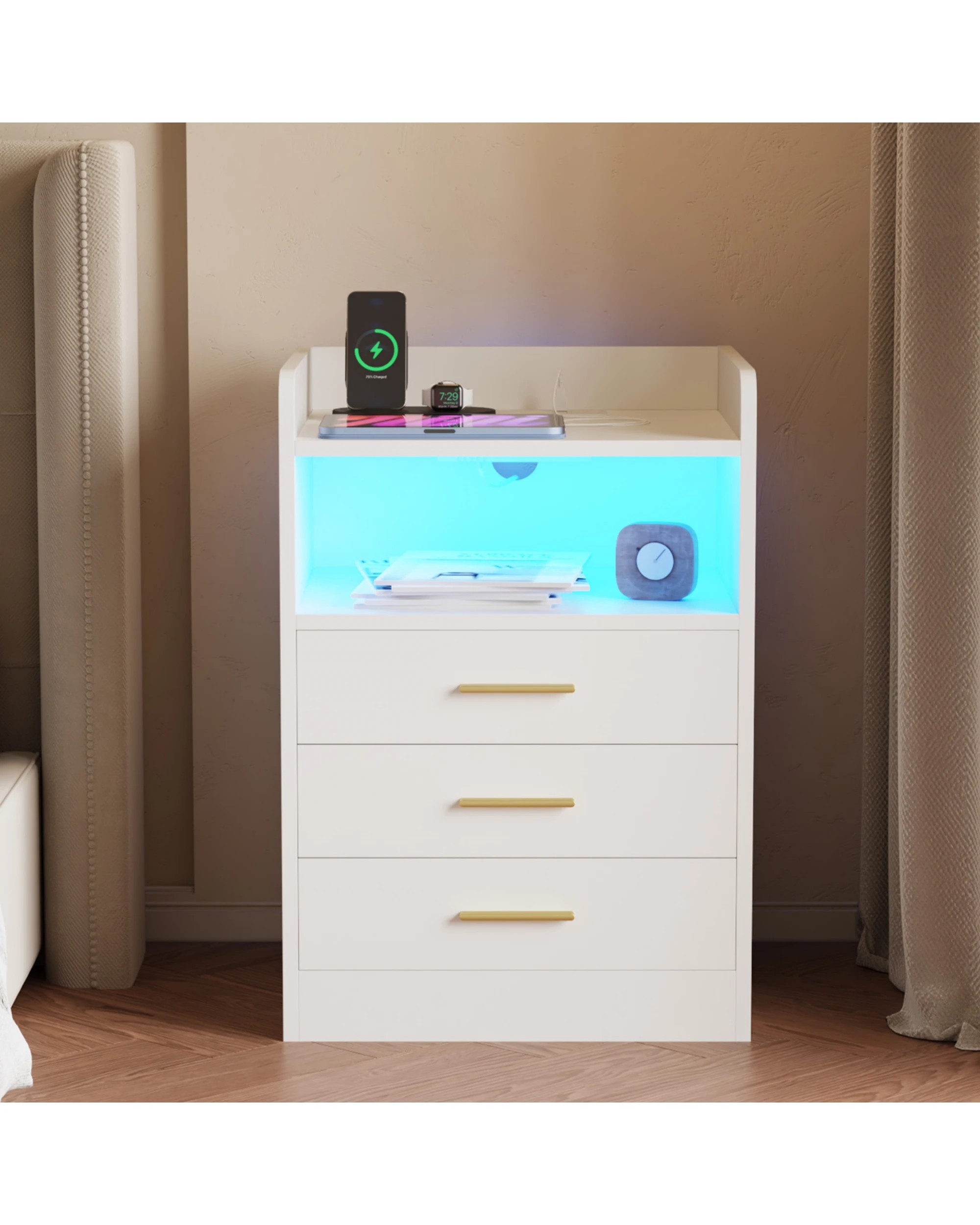4 Advwin Set Of 2 RGB Led Bedside Table with Charging Station 3 Drawers - White, 4 of 9