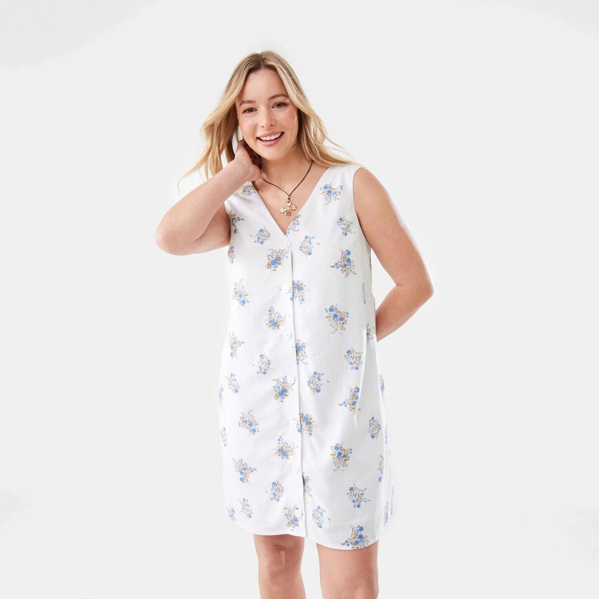 1 Sleeveless V-neck Linen Blend Button Mini Dress Bunches, 1 of 9