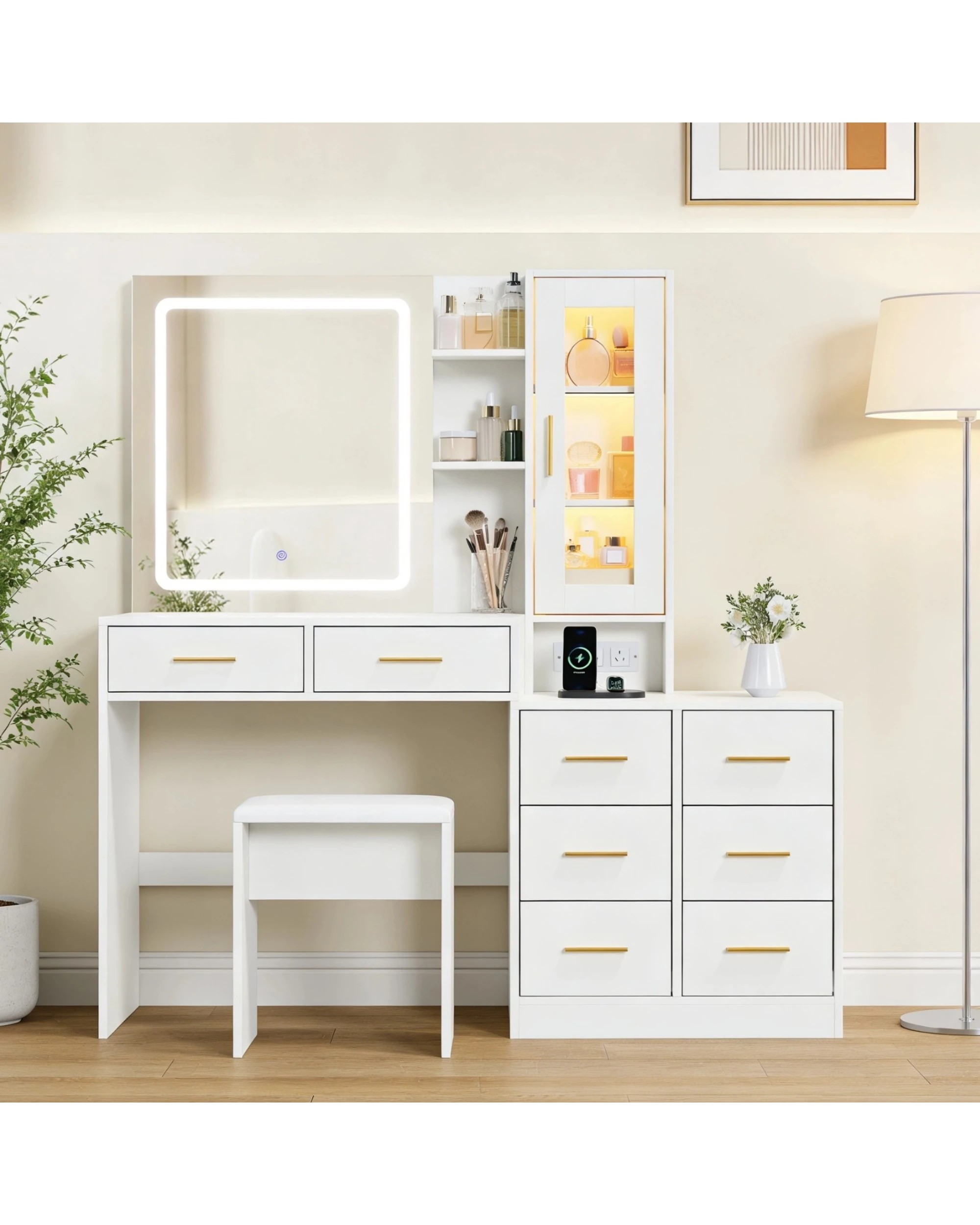 7 Advwin Dressing Table with LED Mirror RGB Cabinet 8 Drawers & Charging Station - White, 7 of 9