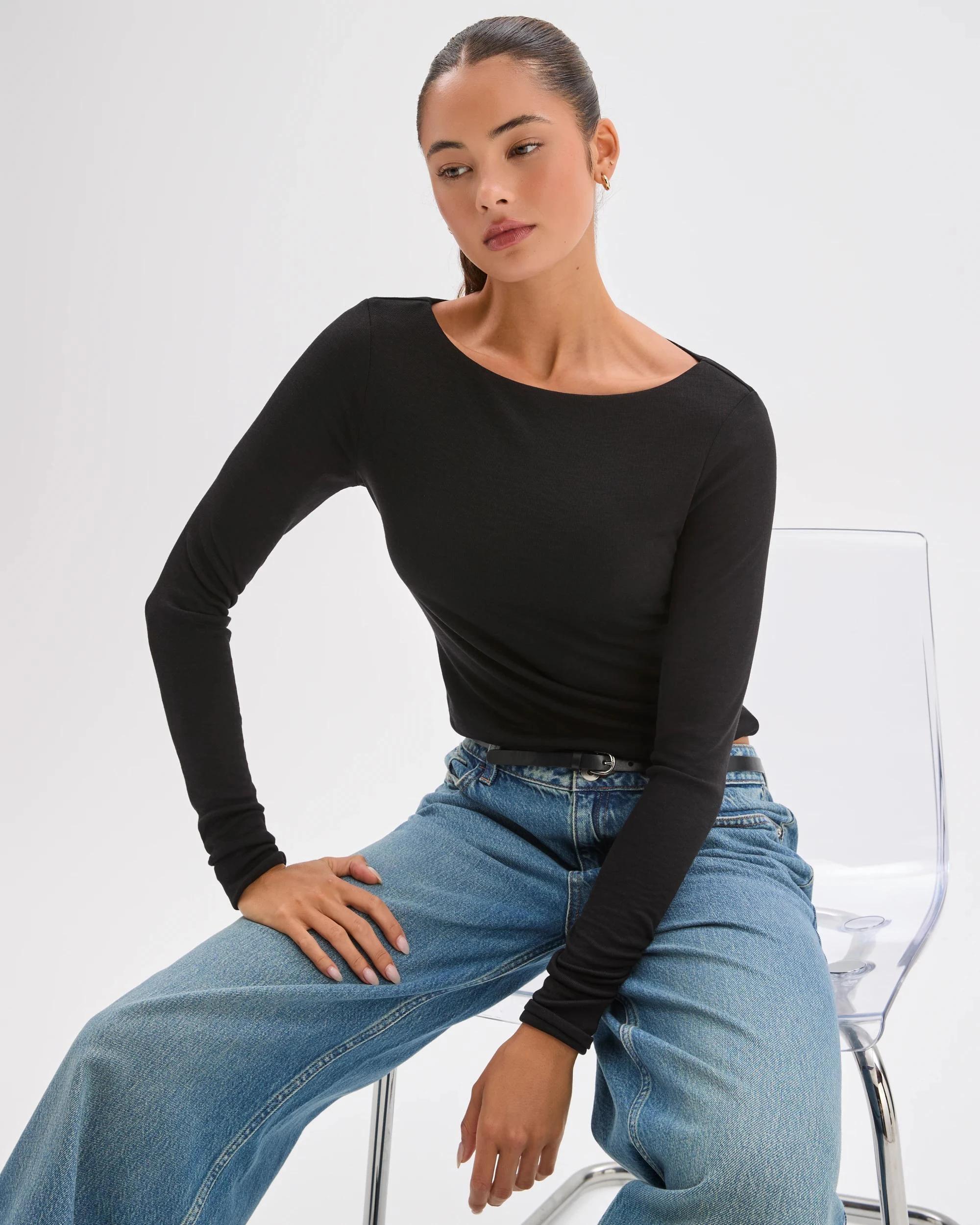 3 Lily Loves Double Layer Boat Neck Long Sleeve Top BLACK, 3 of 7