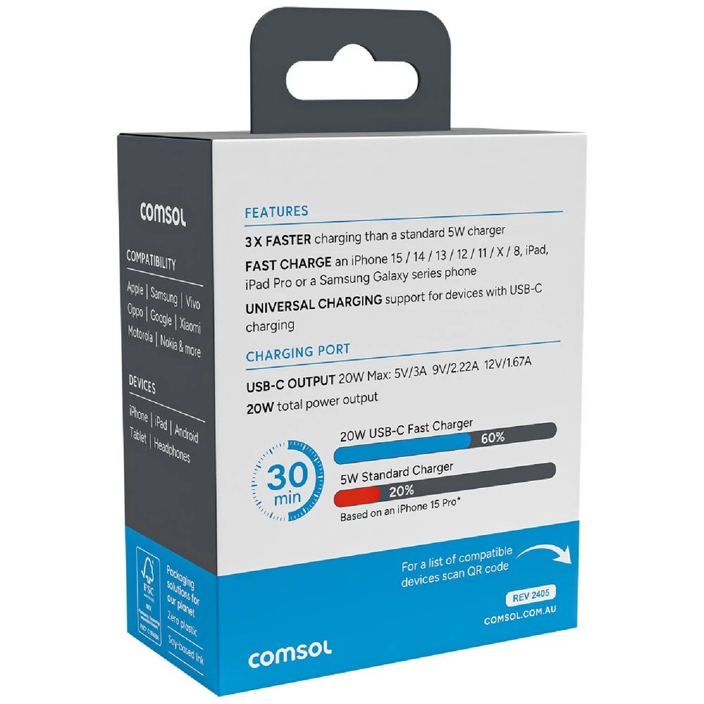 3 Comsol USB-C Wall Charger 20W Black, 3 of 5