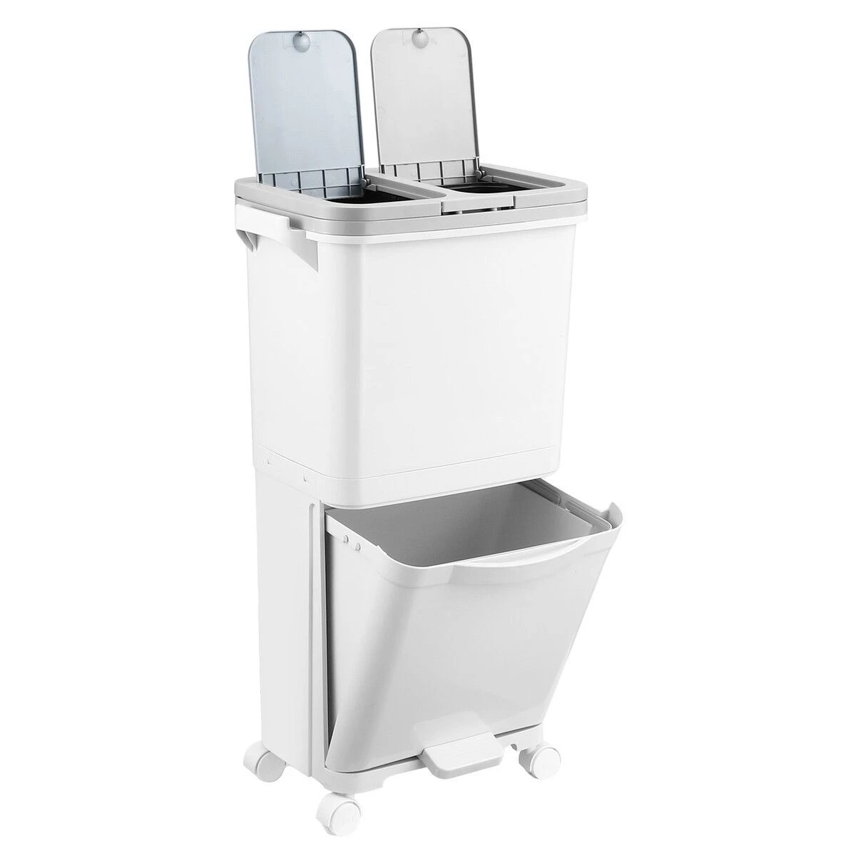 1 Dr FUSSY 38L 2 Tier Rubbish Recycling Bin with Wheels 3 Compartment Kitchen Waste Sorter Removable Buckets, 1 of 6