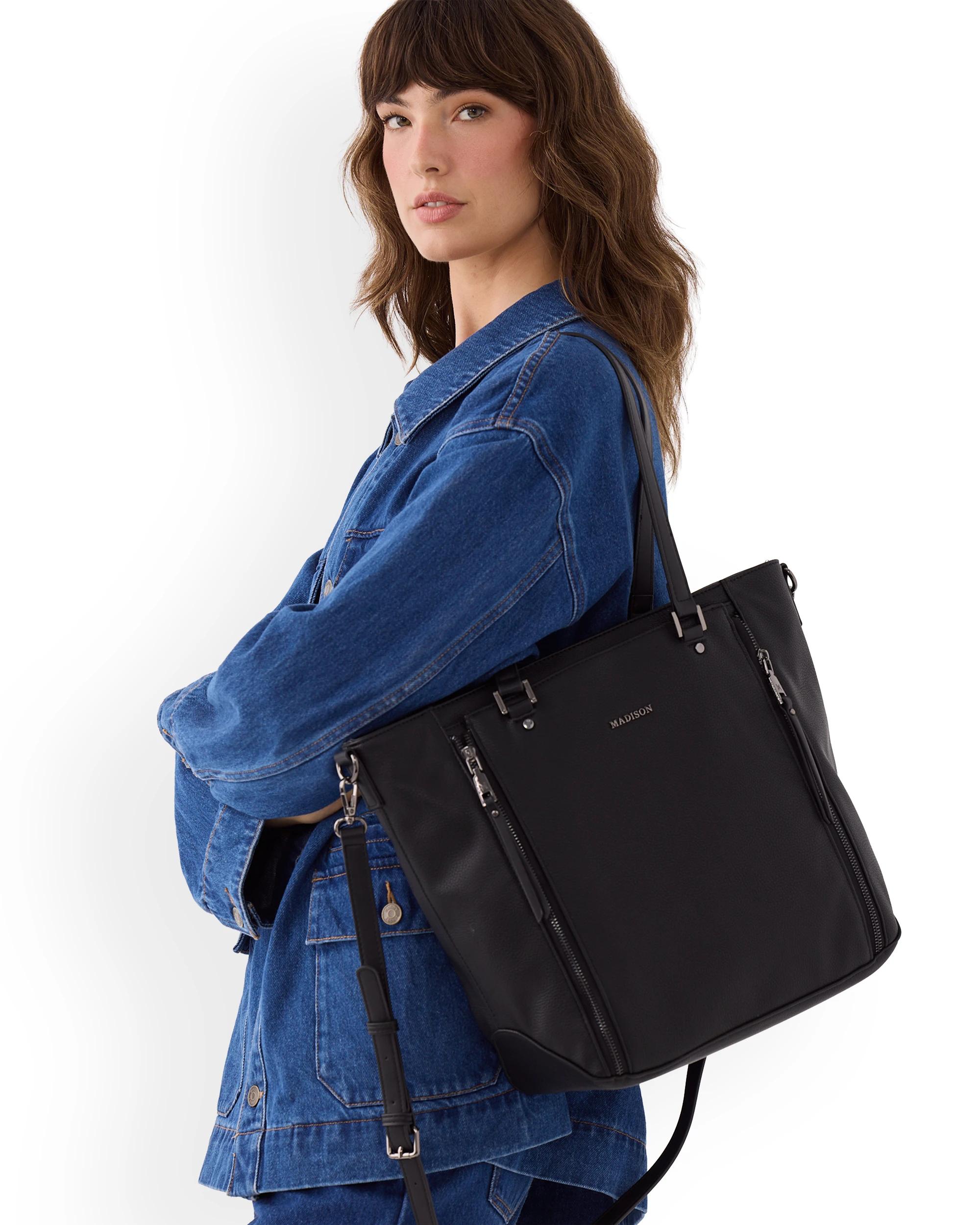 2 Madison Accessories Amelia Large Zip Detail Tote BLACK GUNMETAL, 2 of 8