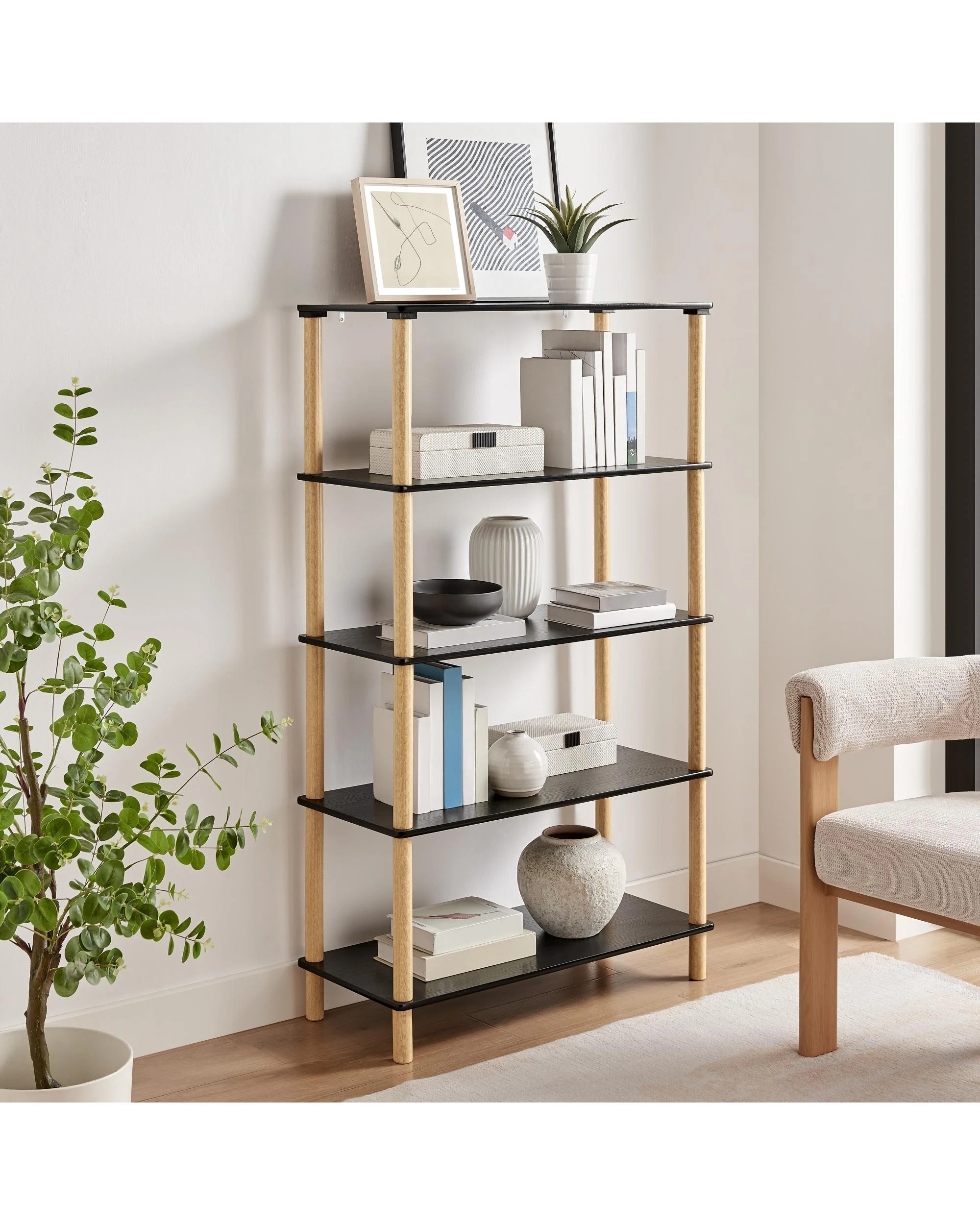 3 Kodu Open Shelf Unit Shelving Display Rectangular 5 Levels Black and Oak, 3 of 10