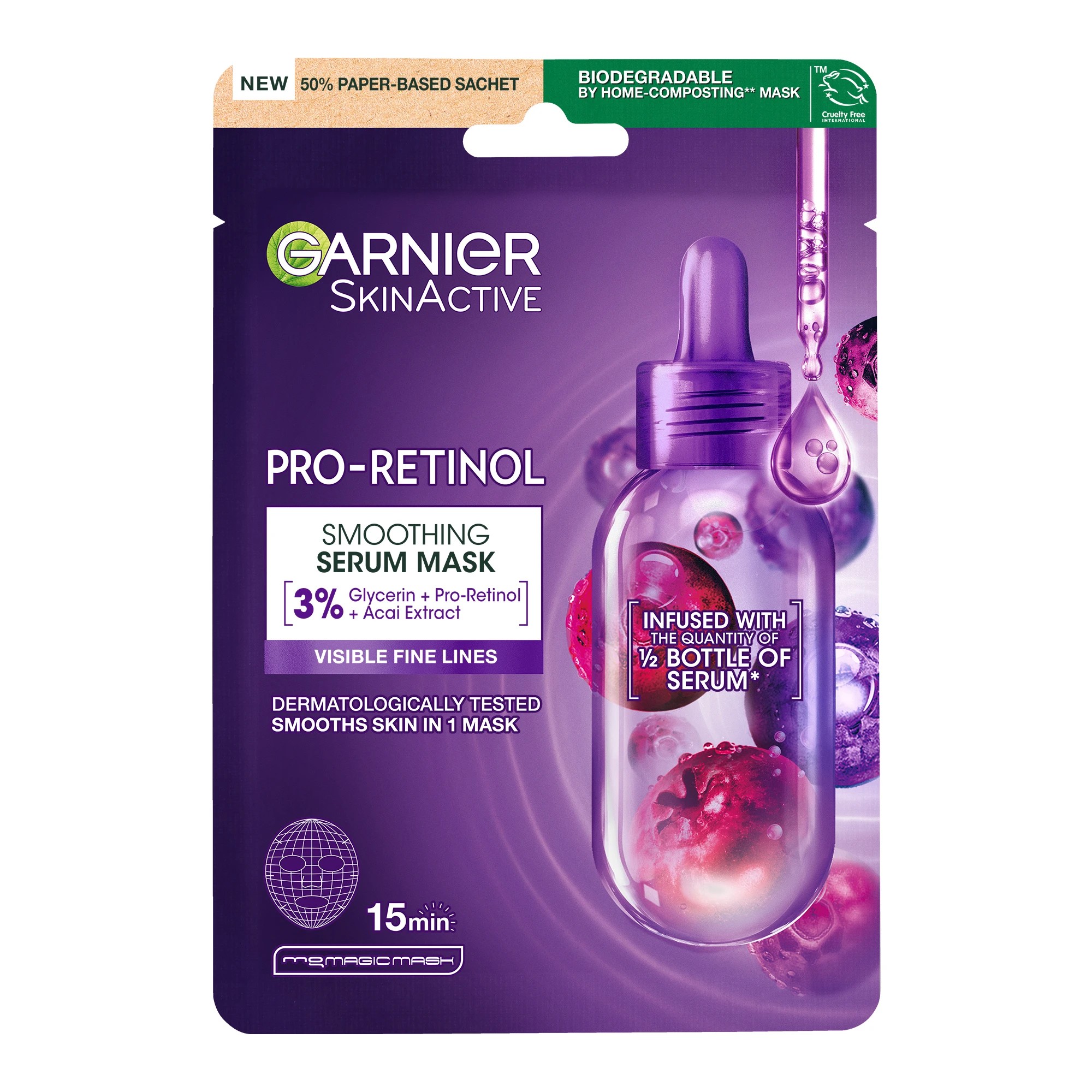 1 Garnier SkinActive Smoothing Serum Mask 28g - Glycerin, Pro-Retinol and Acai Extract, 1 of 9
