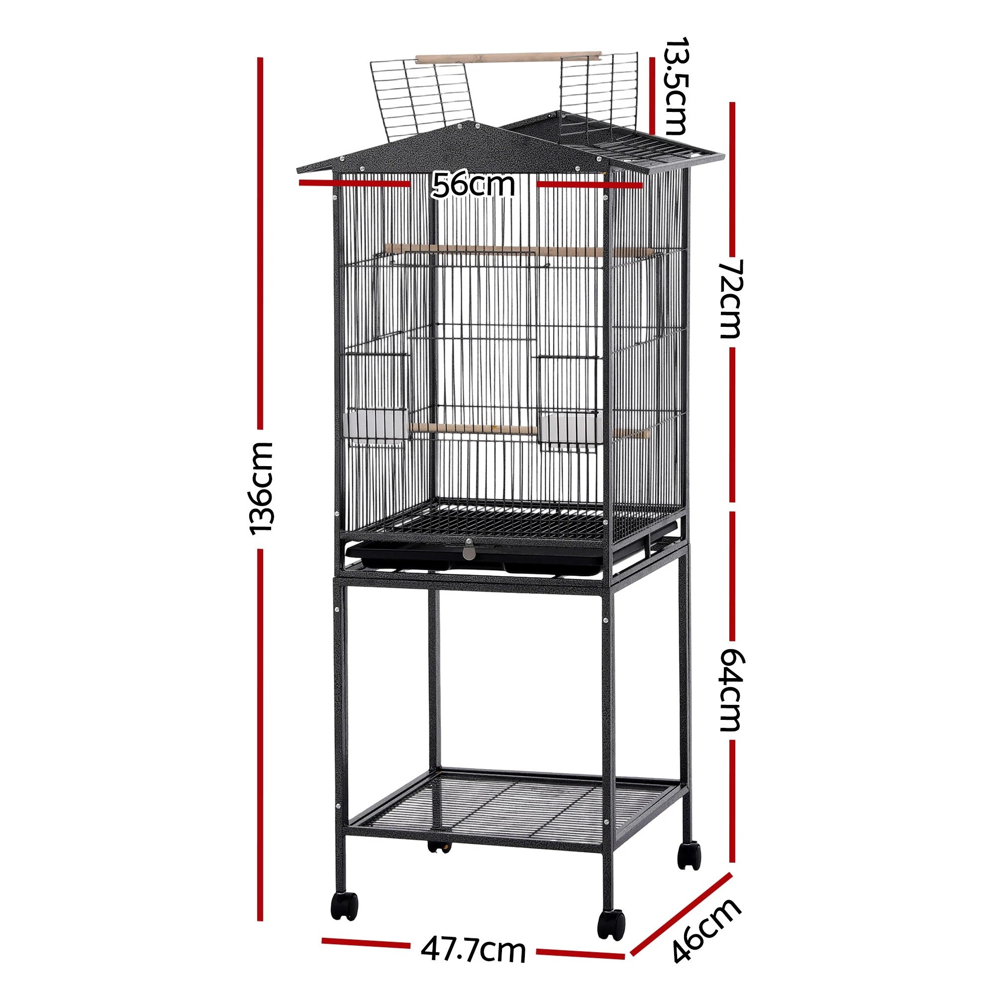 3 i.Pet 136cm Bird Cage Aviary Open Top Parrot Budgie Stand Wheels Black - Black, 3 of 8