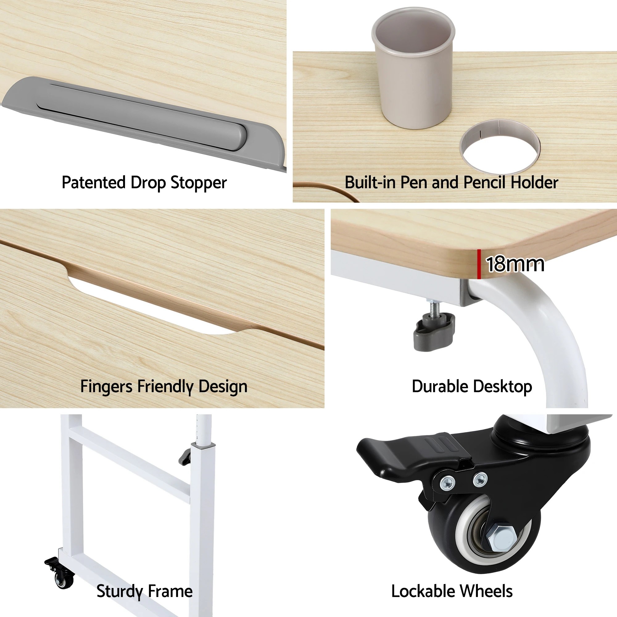 6 Artiss Mobile Laptop Desk Overbed Table Adjustable Computer Stand Bedside Cart - Natural, 6 of 6