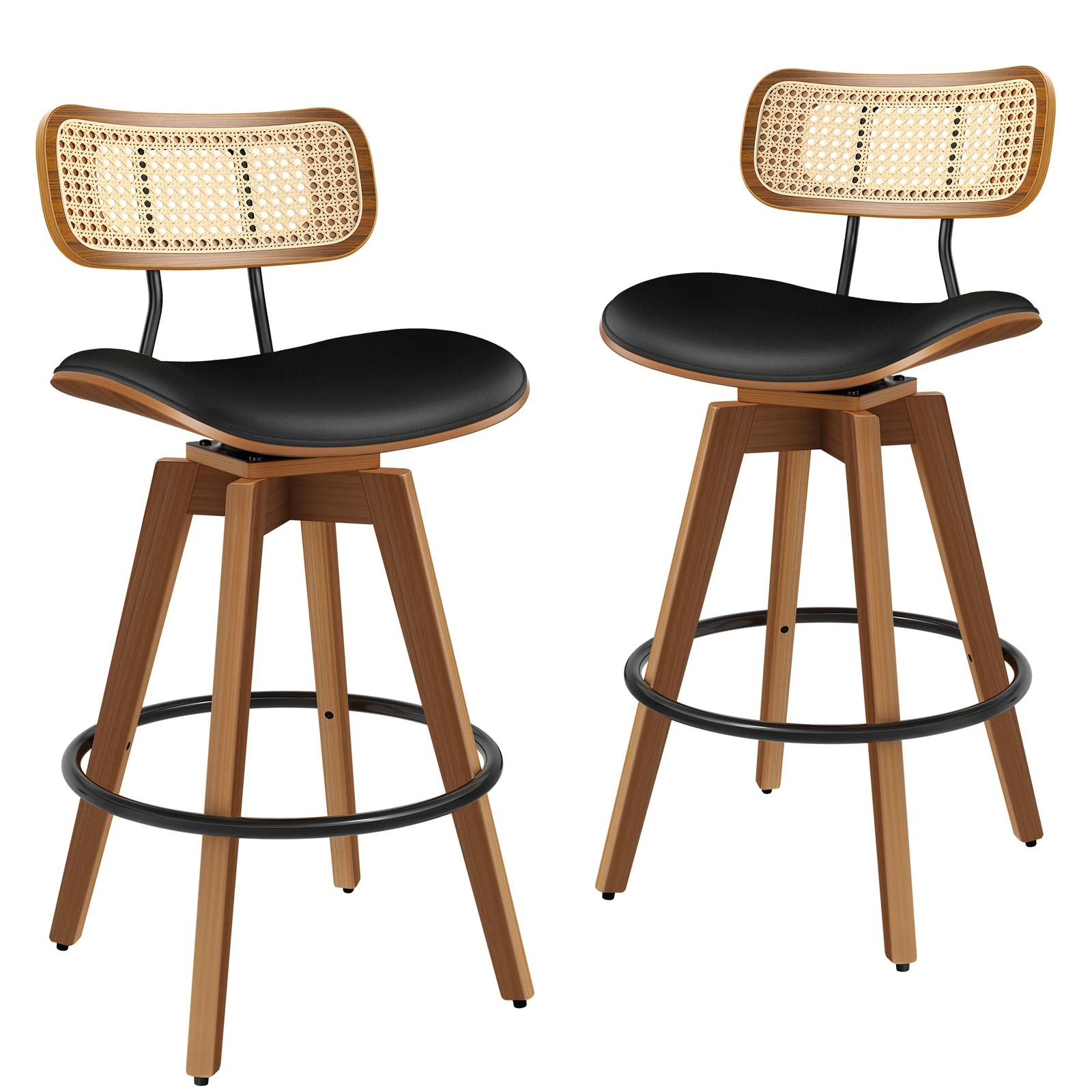 1 Alfordson 2x Bar Stools Kitchen Vintage Leather Seat Rattan Chair - Black, 1 of 9
