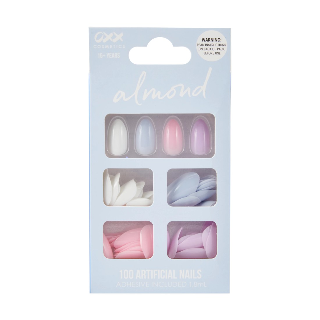 1 OXX Cosmetics 100 Pack Artificial Nails with Adhesive - Almond Shape, 4 Pastels, 1 of 4